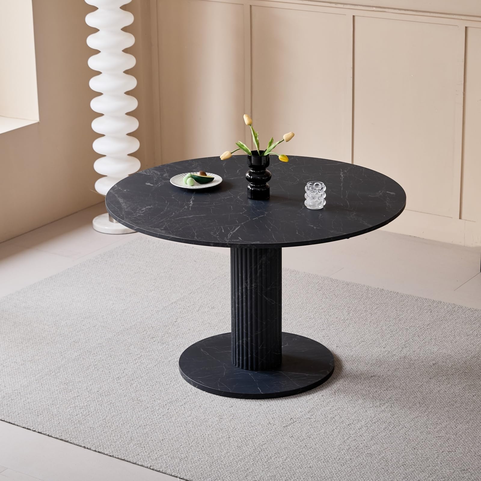 Runder Esstisch mit zylindrischen Tischbeinen, Marmoroptik, Moderner Minimalistischer Esstisch für Wohnzimmer oder Küche, 115 x 115 x 75 cm – Schwarzer Marmor