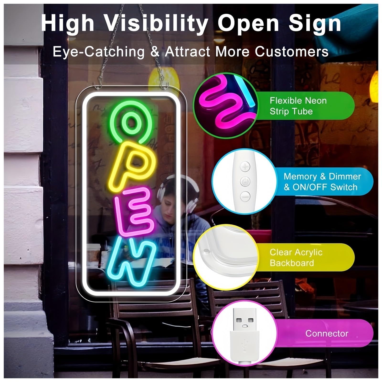 Generico luci al neon Insegna al neon aperta a LED per attività commerciale Luminosa colorata Porta finestra del negozio Caffetteria