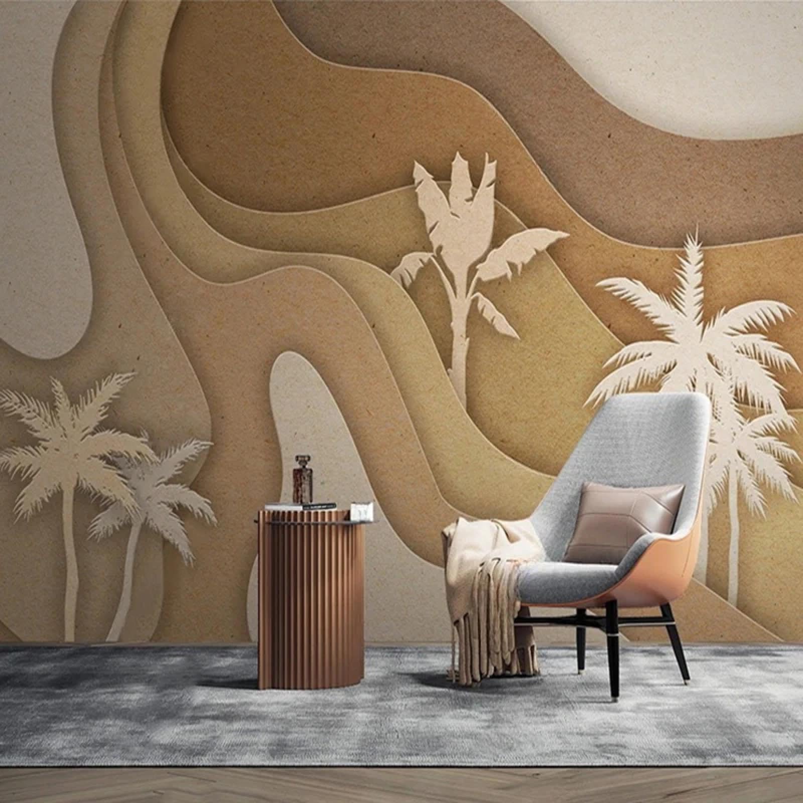 Tapeta 3D abstrakcyjna geometryczna fala palm kokosowych i plażowych, odpowiednia do sypialni, salonu, restauracji, pokoju dziecięcego, łazienki, jako dekoracja ścienna w tle.