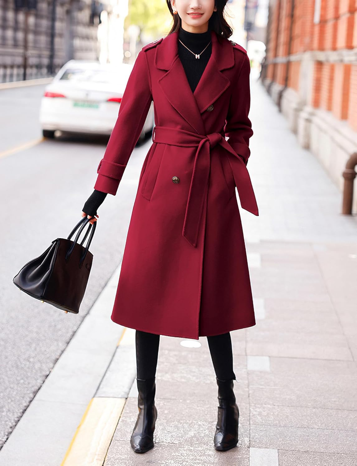 chouyatou Women's Winter Belted Wool Coat Double Breasted Midi Long Casual Trench Dressy Peacoat