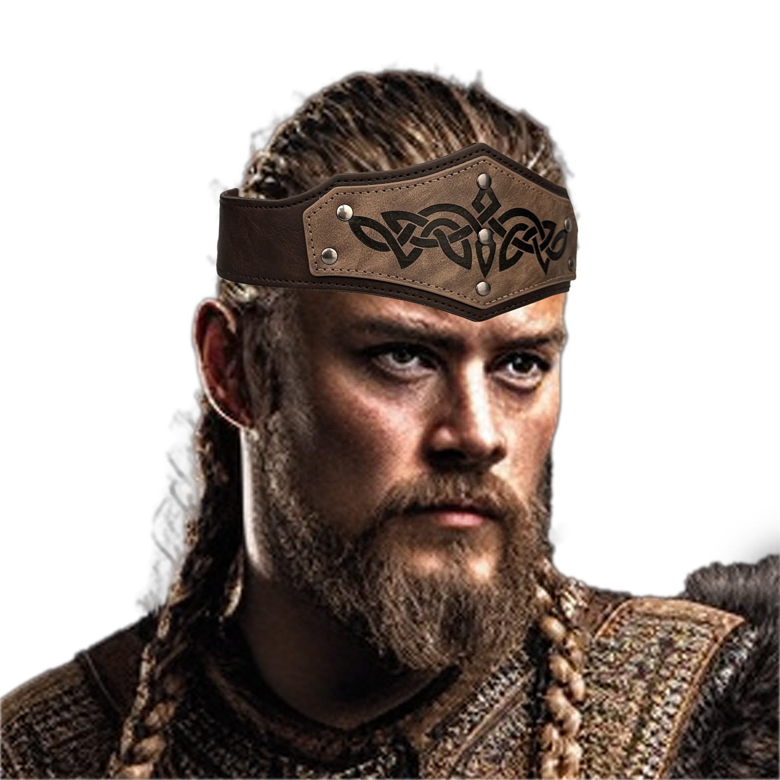 JIAHG Retro Embossed Faux Leather Headband Medieval Viking Vintage Adjustable Headpiece Halloween Costume Accessory Stage Performance Cosplay Prop (Brown)