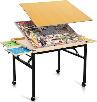 Puzzle Table with Drawers and Folding Metal Legs, 1500 Pieces Portable Puzzle Board with Cover, No Assembly Required, 3 Adjustable Tilting Angles, Easy to Move, Birthday Gift for Mom Seniors