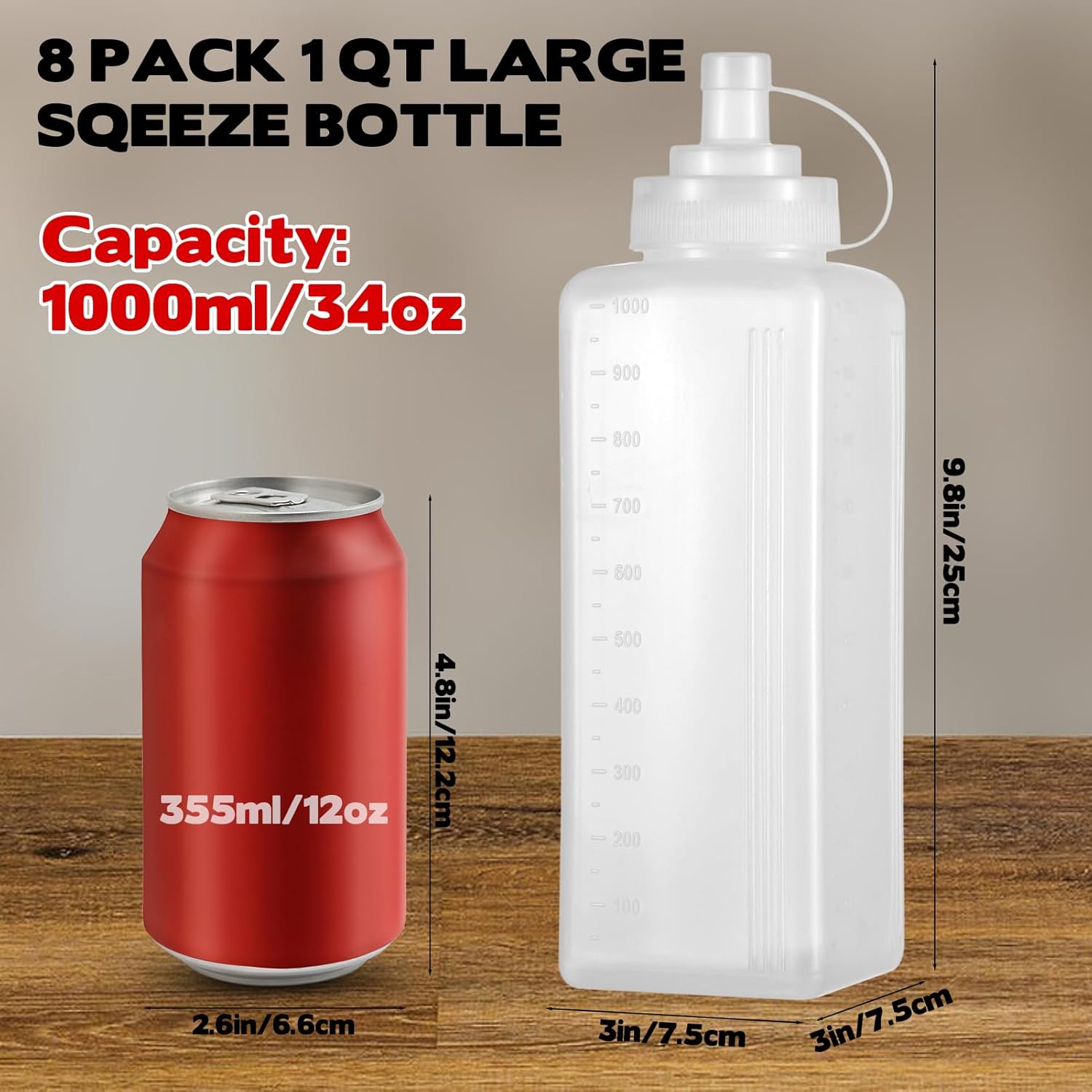 8 Pack 1 QT Large Condiment Squeeze Bottle for Sauses, 34oz Wide Mouth Liquids Dispenser Bottles with Lid, For Ketchup, Taco, Marinara, Pasta, BBQ, Spaghetti, Tomato Sauce, Restaurant-Grade Design