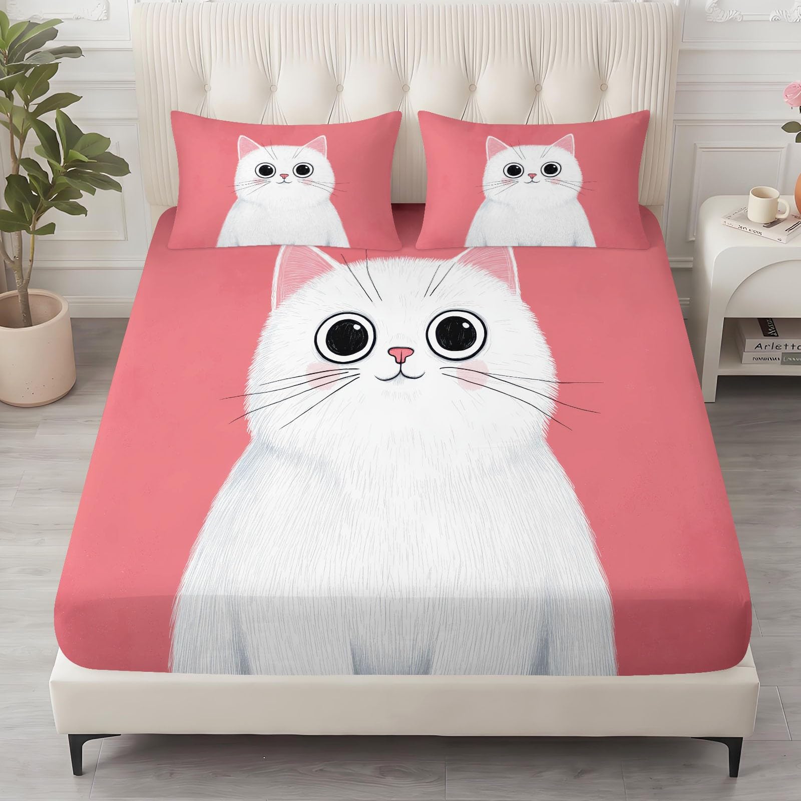 Juego de sábanas bajeras ajustables de 3 piezas, 90 x 200 cm, diseño de gato, de microfibra, color rosa, suave y agradable a la piel, transpirable, hipoalergénica, para colchones de hasta 30 cm de