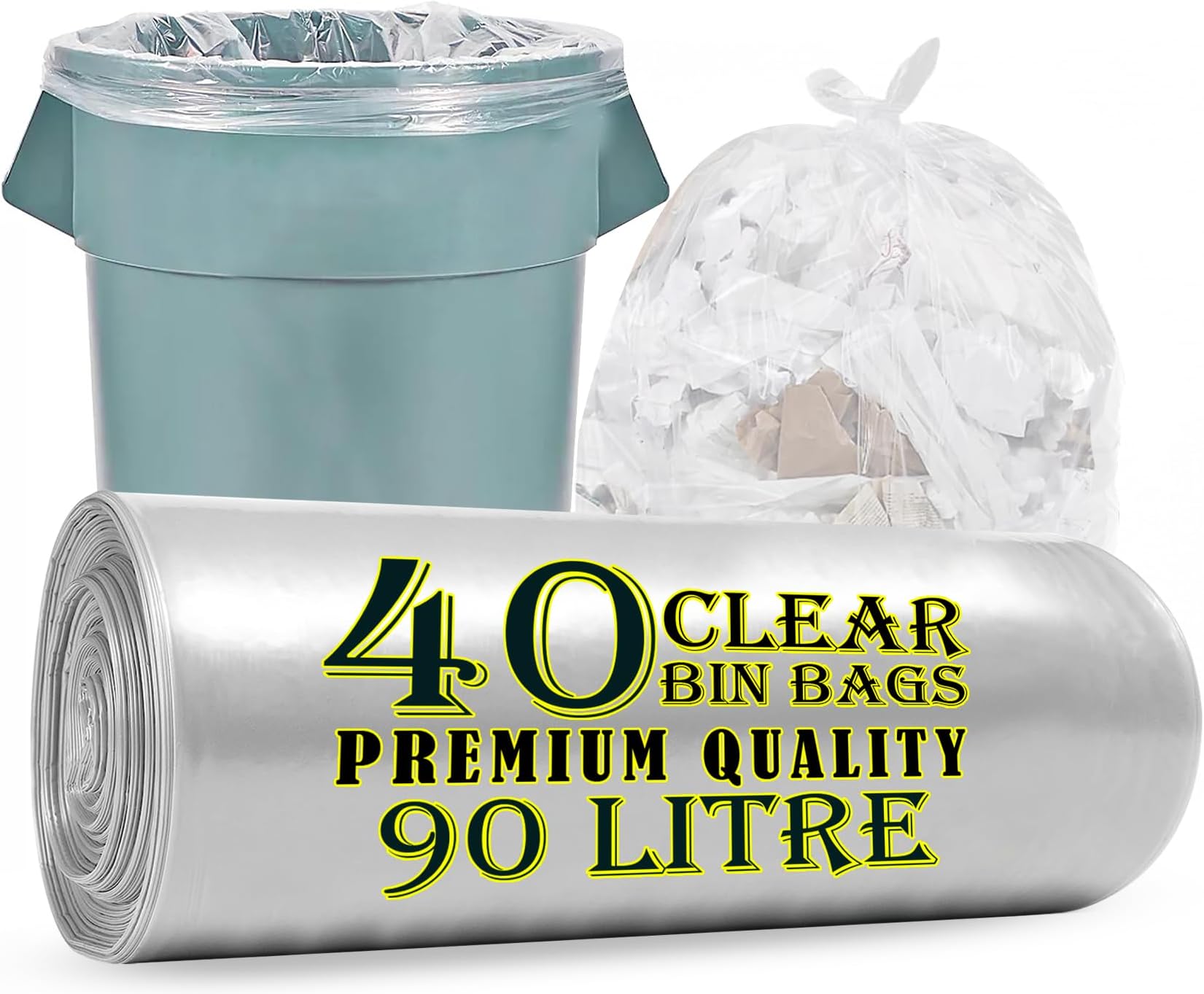 Haya Home 90L 40 Large Clear recycling bags Transparent Recycling Bin Bags, Rubbish Bags and Refuse Sacks 120 Gauge Bin Liners Heavy Duty Bin Bags Large Waste Bags Made From 100% Recycled Material