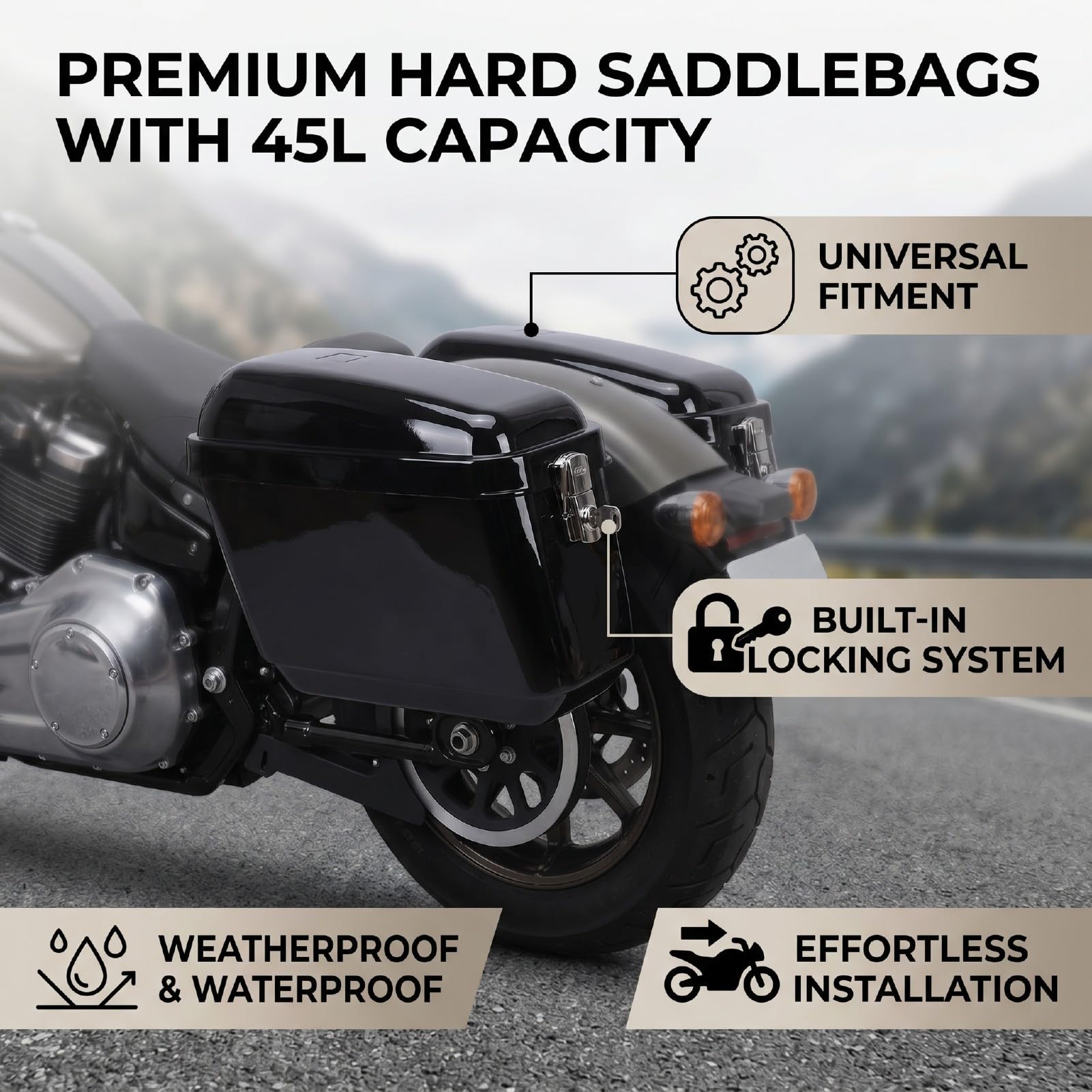 Sacoches Rigides pour Moto, capacité de 45 L, Noir Brillant, Plastique ABS, Ouverture Supérieure Verrouillable, Valises Latérales étanches avec Installation Rapide pour la