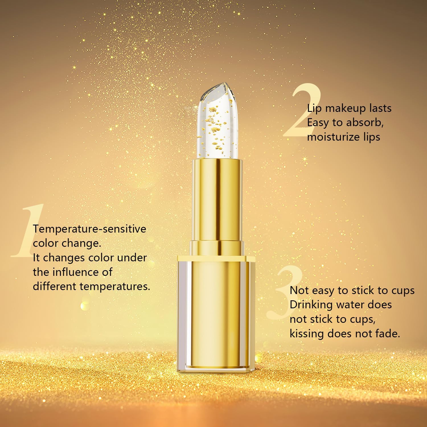 3 PCS Transferproof Color Changing Lipstick, Clear Lip stick That Changes Color, Gold Crystal ph Color Changing Lipstick, Long Lasting & Moisturizing Glossy Shine Lip Balm for Women — view 6