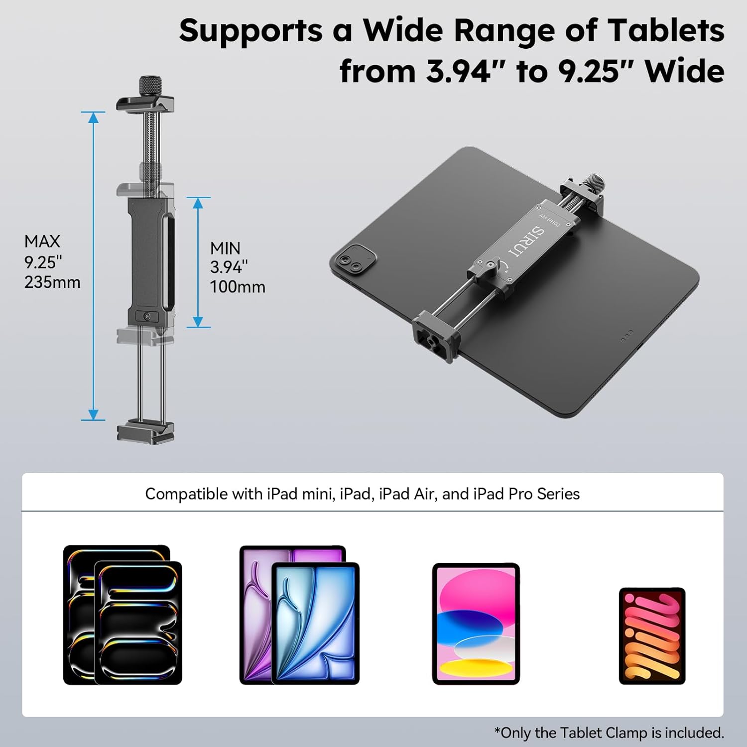Sirui Aluminum Tablet Tripod Mount, Wide Opening Tripod Clamp Mount for iPad with Removable Cold Shoe Adapter, Tablet Holder for Video Recording with QR Plate for Arca & 1/4" Threaded Hold, AM-PH02