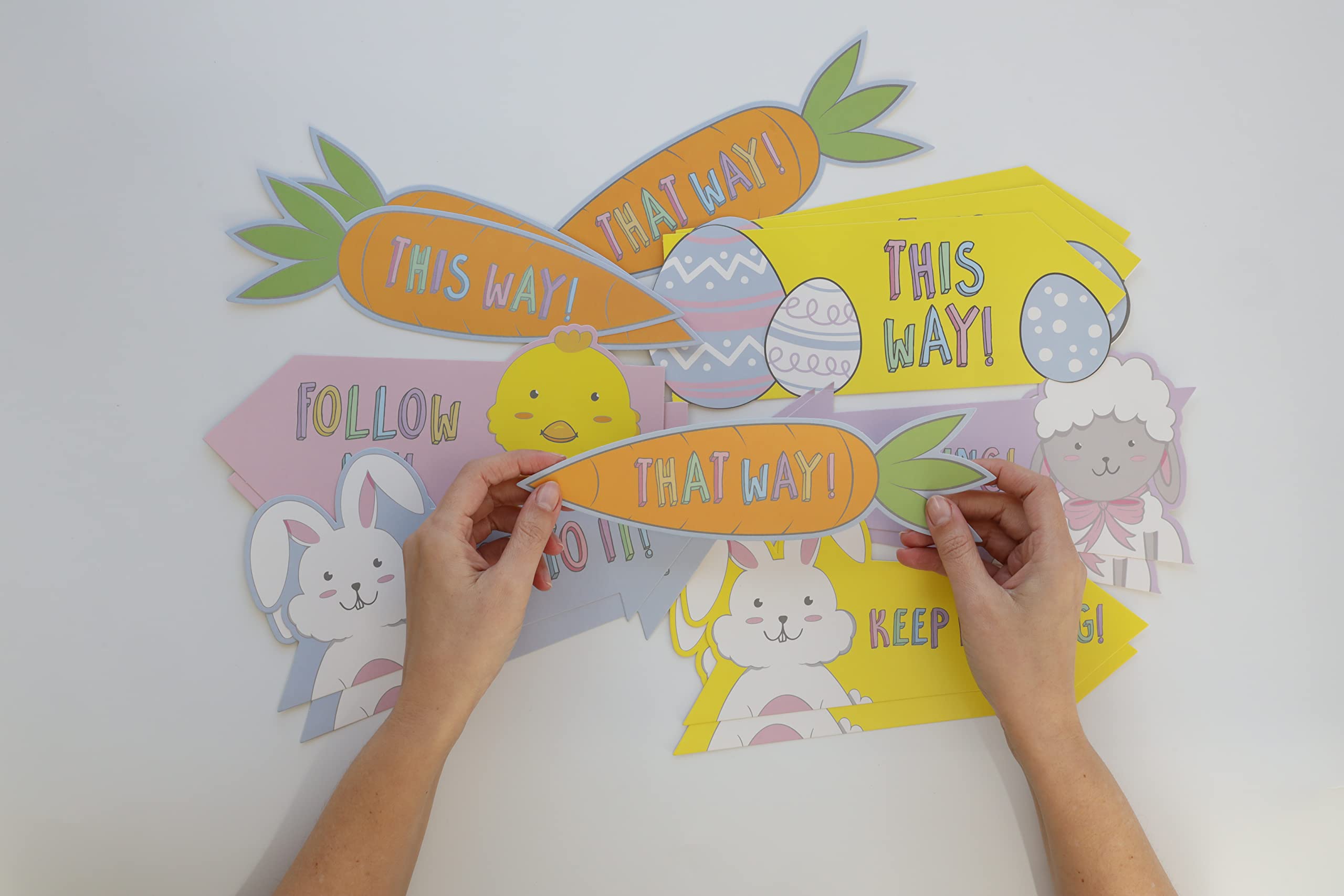 evelay 15pk Easter Egg Hunt Signs Arrow Bunny Chicks Carrots Children Trail Hunting Game Decorations Kids Fun