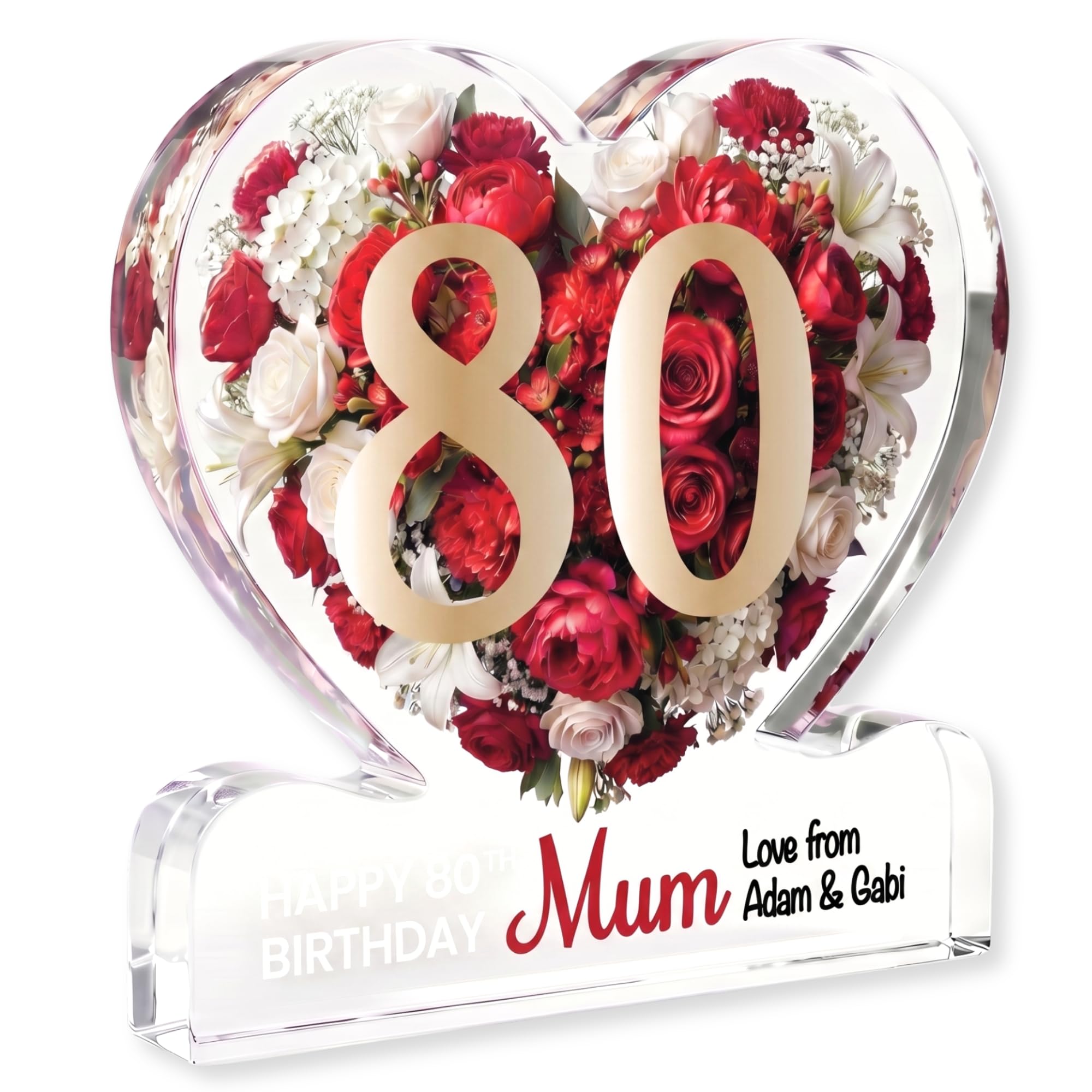MyKeepsy Personalised 80th Birthday Plaque – Custom Name & Message Heart Acrylic Keepsake, Floral 80 Decoration Gift, 5 Colours (Classic Red)