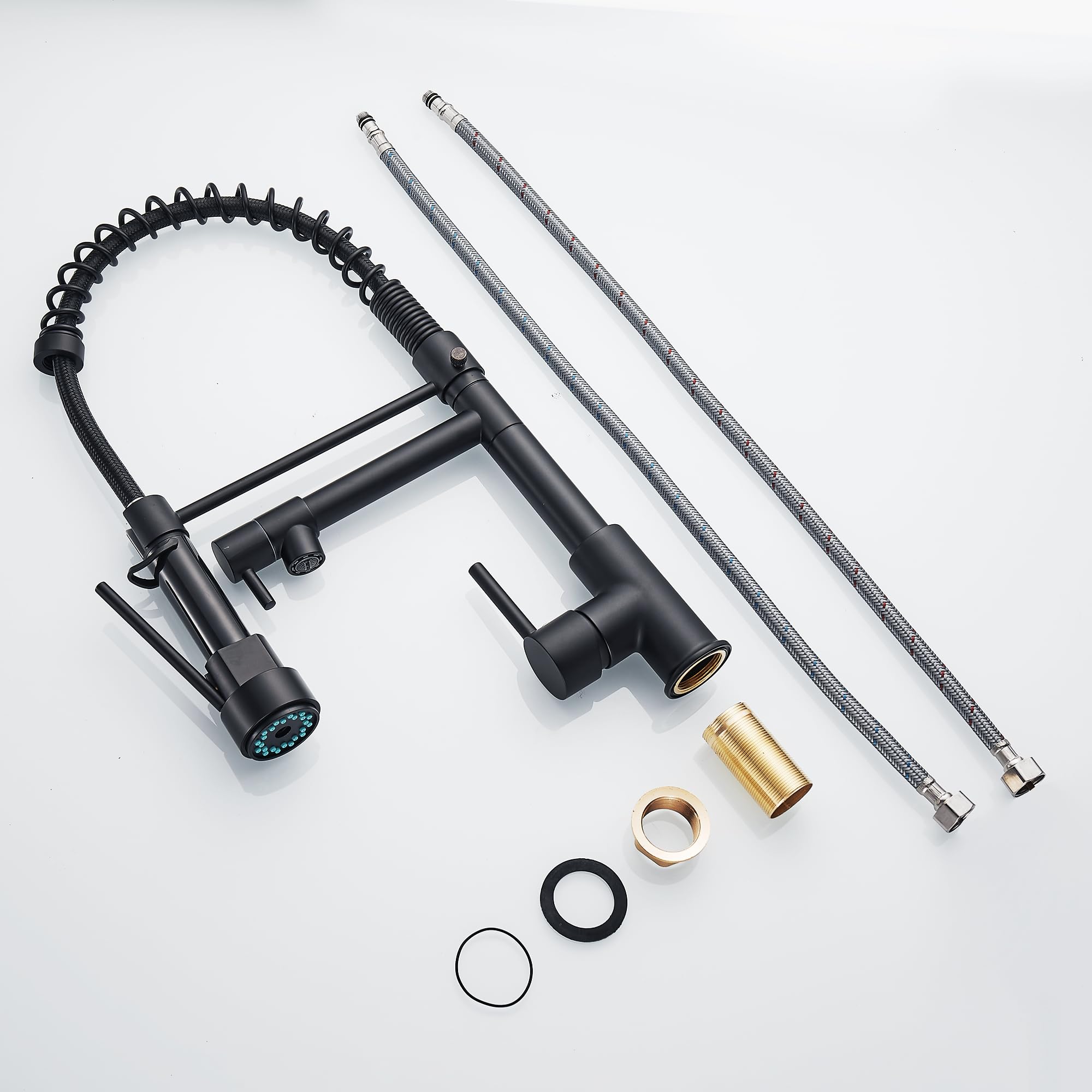 Grifo de cocina con rociador extraíble de arco alto, grifo de cocina de una sola manija con resorte, grifo de fregadero de cocina mate negro
