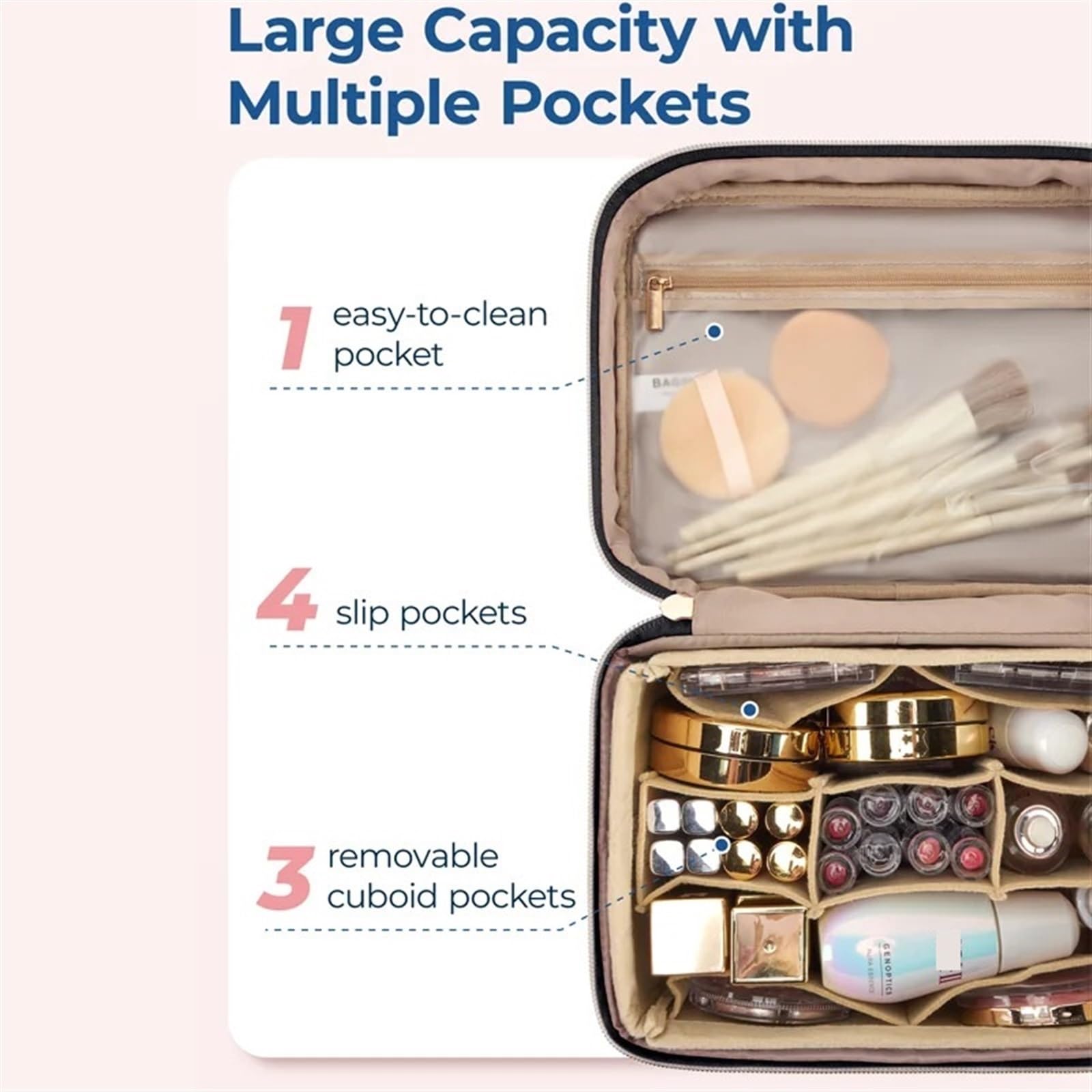 Neceser de Viaje para Mujer Neceser de Maquillaje, Estuche Organizador con Inserto Desmontable, Neceser Viaje Grande for cosméticos, Esencial for Mujer(Pink)