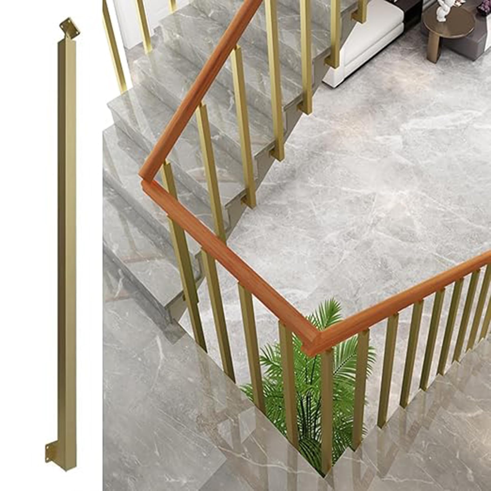 GOUZIBHD Square Metal Railing Spindles,Indoor Stair Railing Deck Balusters,Stair Baluster Post,270° Adjustable Stair Handrail for Stairway Deck Yard Entryway,Side Mount(Size:90cm/35.4in,Color:Gold)