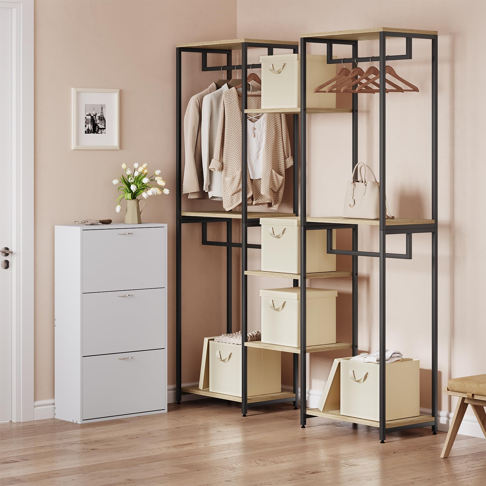 WOLTU Faltbare Aufbewahrungsboxen 10 Stück,mit Deckel,Creme, 30x30x29cm | Stoffboxen，Metallrahmen，Aufbewahrungswürfel für Wohnzimmer, Schlafzimmer, Arbeitszimmer, Mehrzweck,