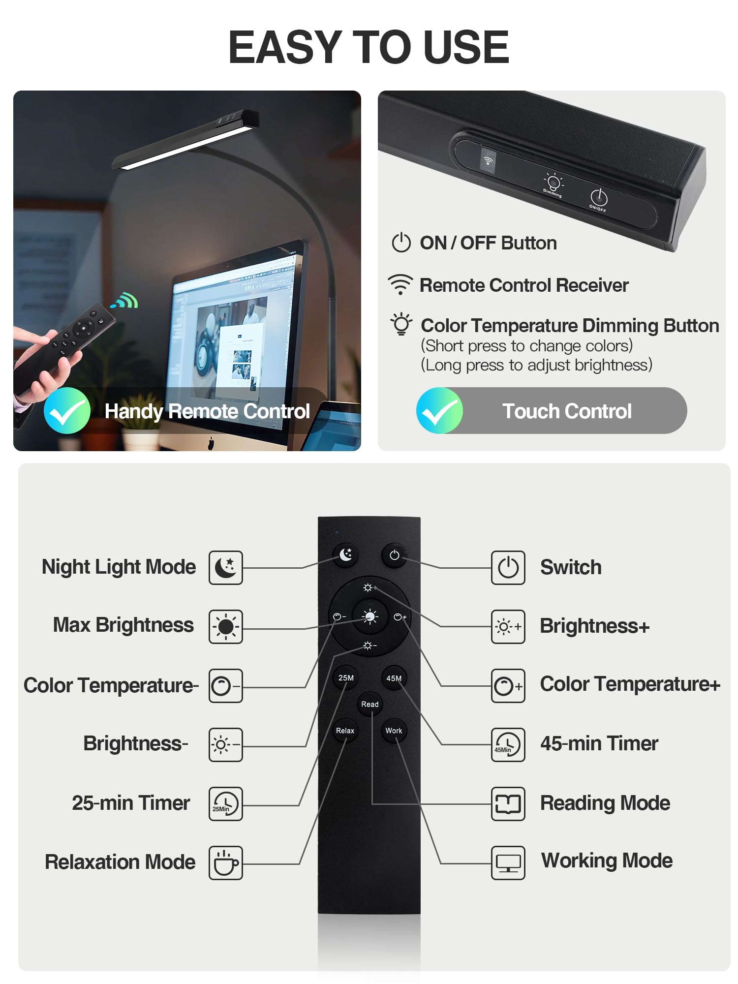 ReinHoo Desk Light,5 Color+9 Brightness LED Desk Lamp with Clamp,Touch & Remote Control,1000 Lumen Bright Monitor Light Bar with Timer,12W USB Adapter Desk Lamps for Home Office Study - Image 3