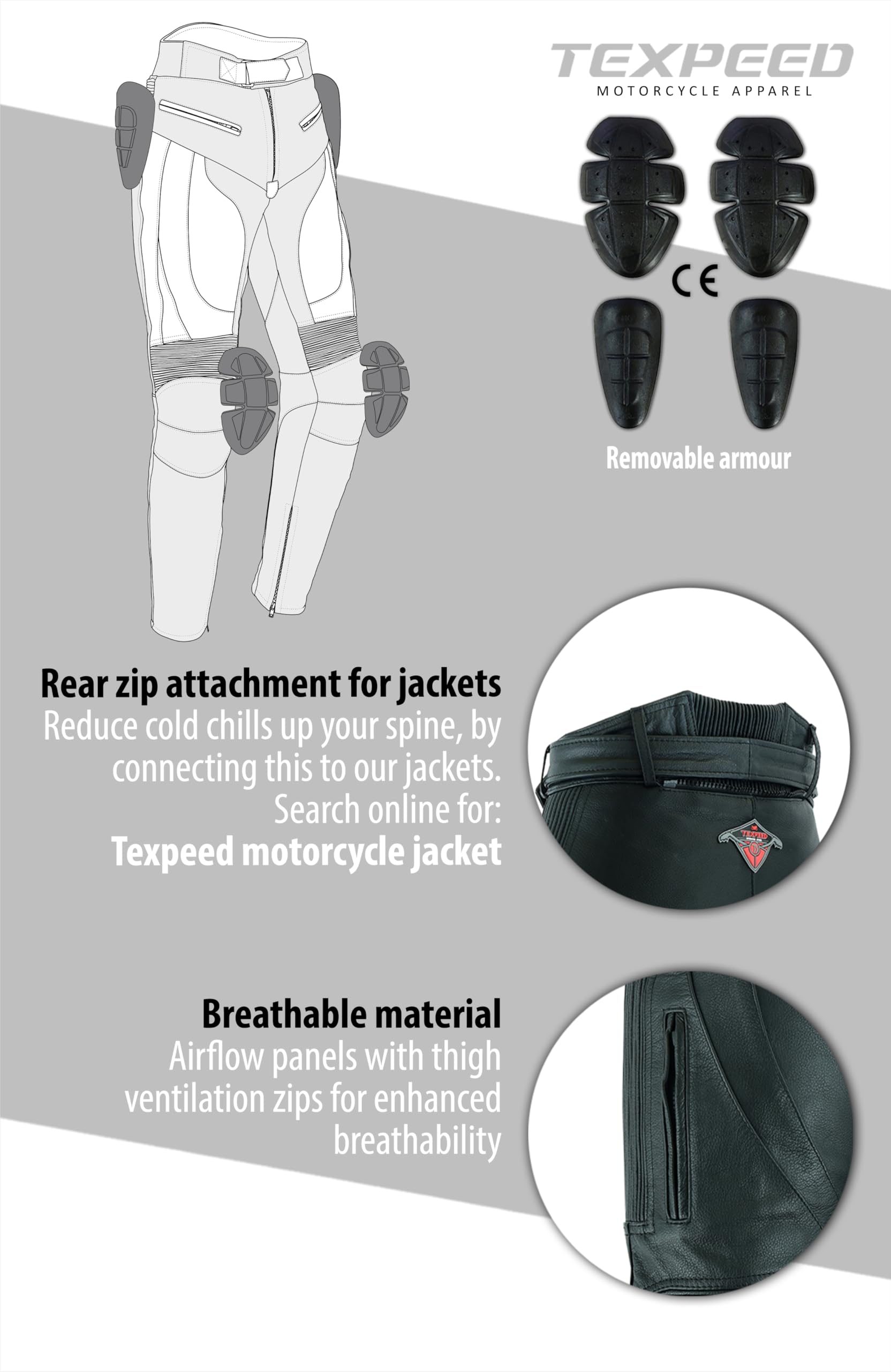 Texpeed Pantalones de moto cuero - Hombre Motocicleta turismo para motocicletas de con auténtica protección de armadura de motociclista CE (EN 1621-1) Negro - (L Cintura/Pierna Largo)