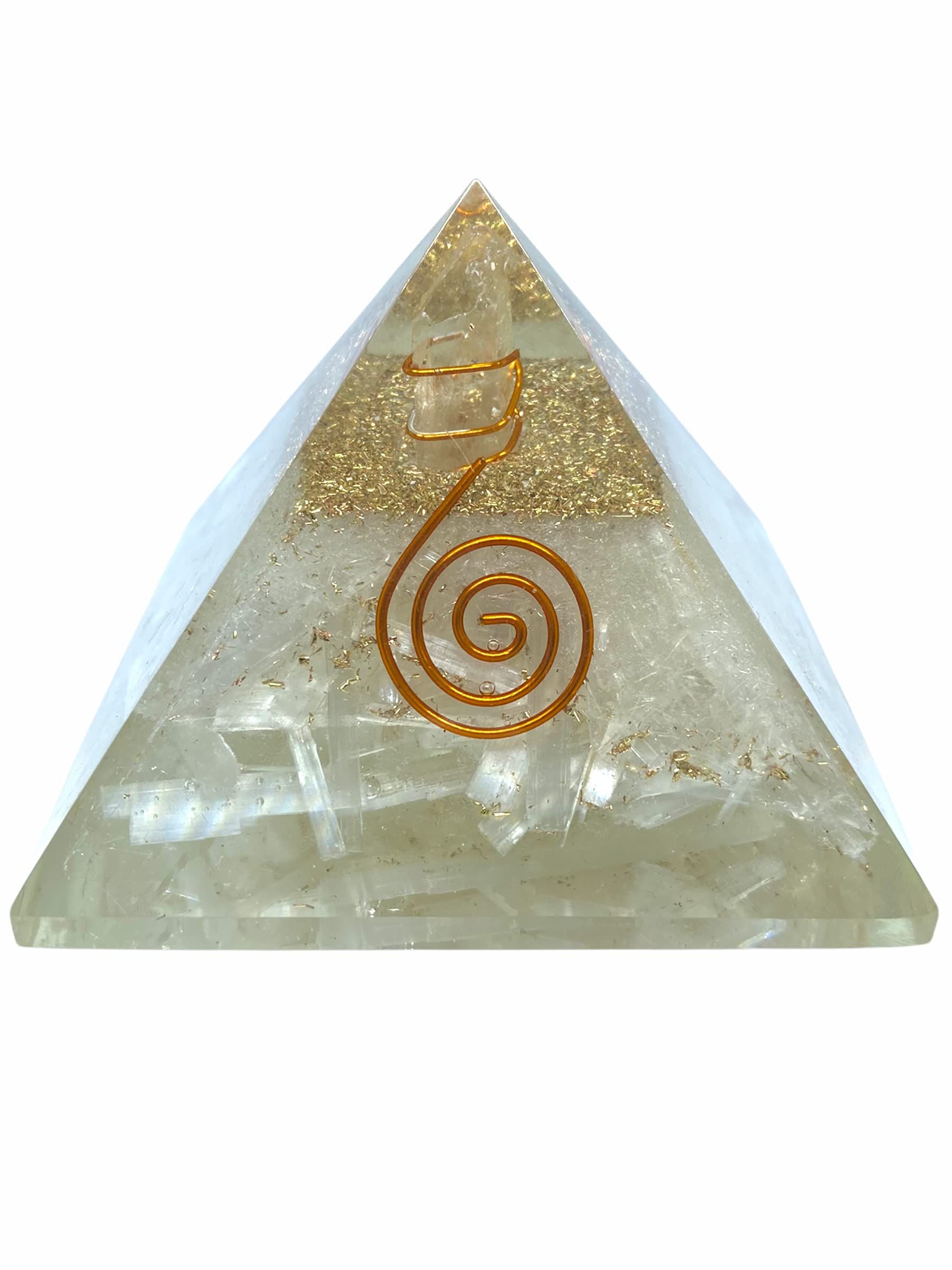 Spiritual Elementz Reiki Charged Selenite Orgone Pyramid (3'Inch) with Clear Crystal Gemstone Copper Metal