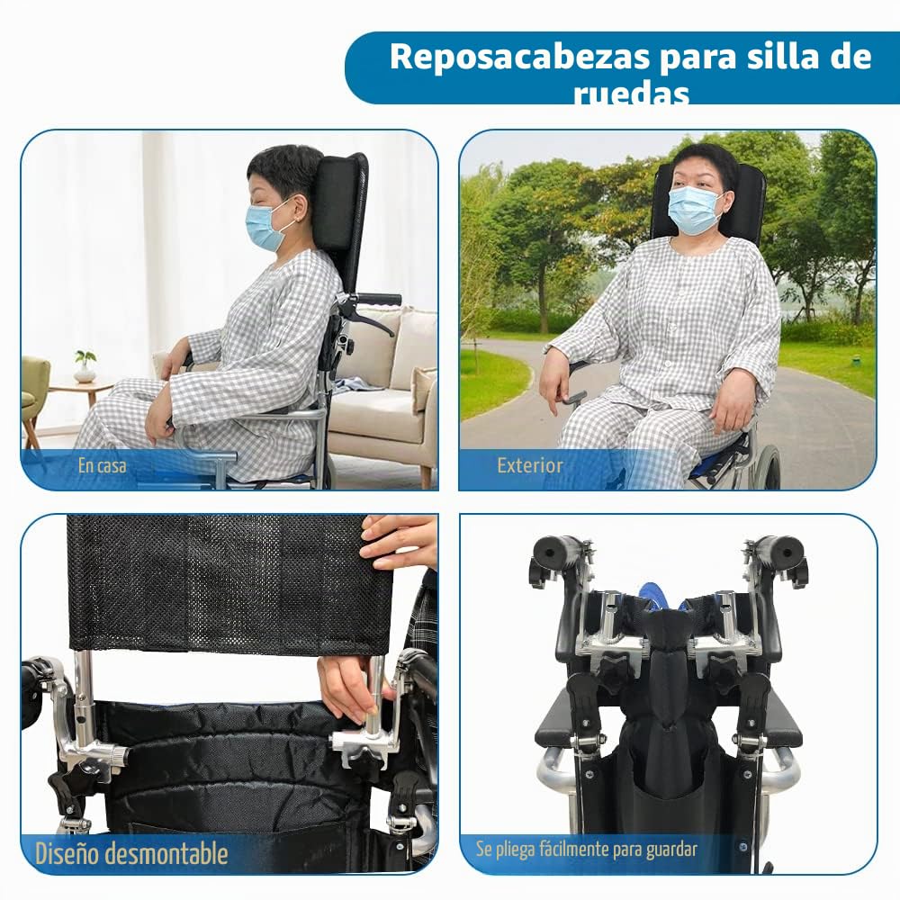 Soporte para cuello Reposacabezas silla de ruedas Acolchado de la cabeza Cojín portátil y ajustable para 16-20” Adultos viaje sillas de ruedas de universal Accesorios (negro)