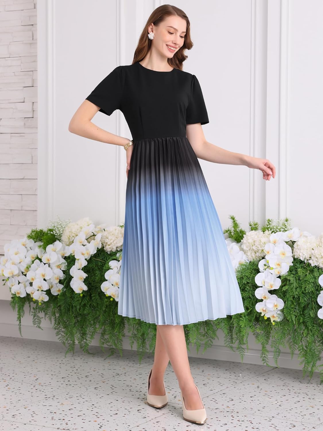 Women's Short Sleeve Pleated Dress 2025 Spring Trendy Office Work A-Line Midi Dresses - Image 3