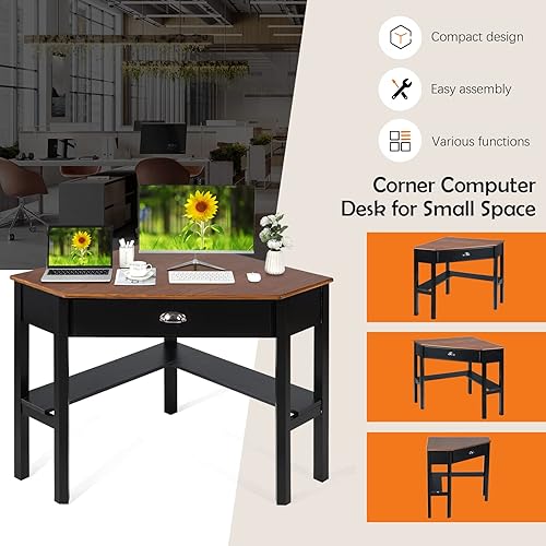 Miniatura 32 de Escritorio esquinero, escritorio triangular con cajones y estantes, mesa de consola de esquina de madera, mesa de tocador con almacenamiento,