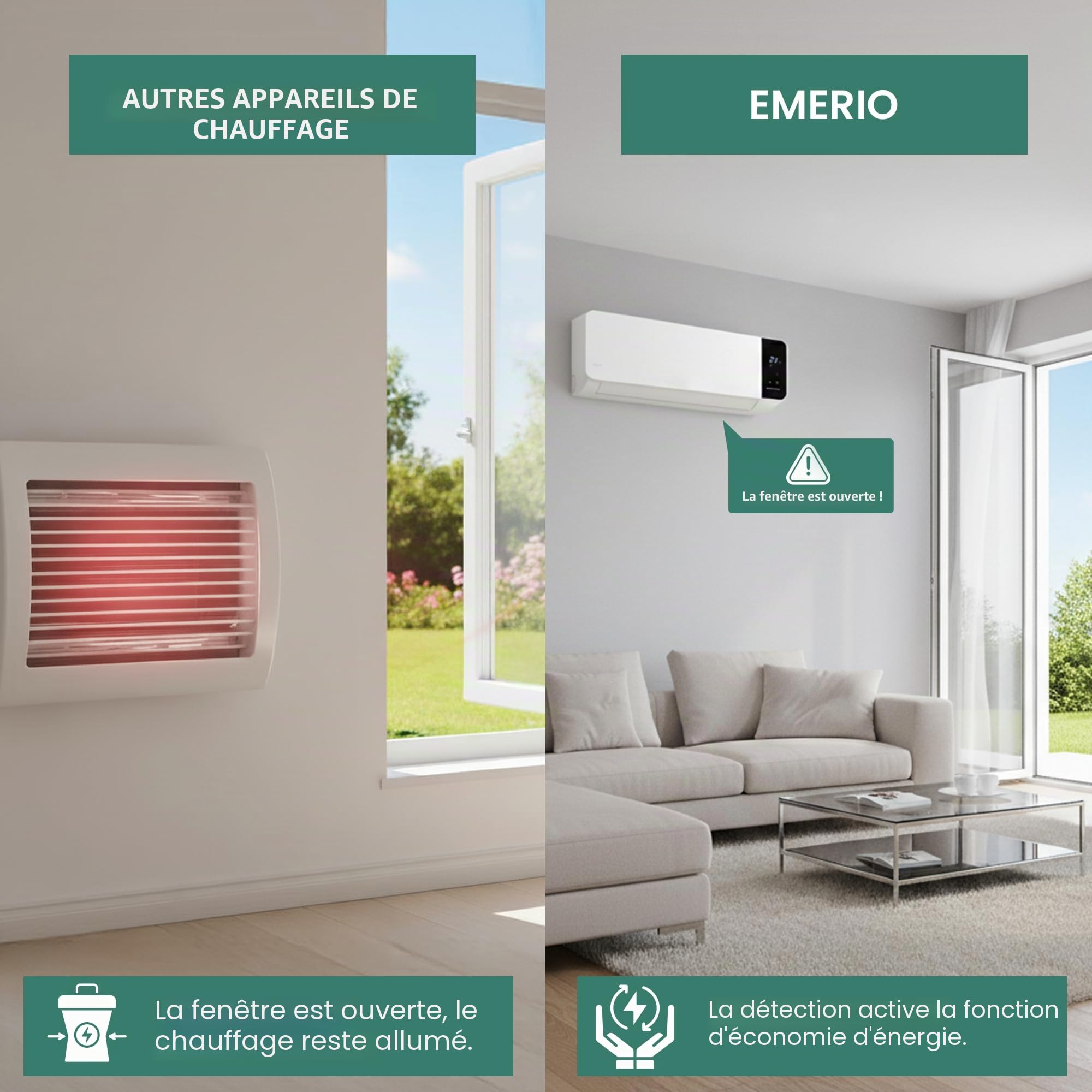 EMERIO FH-133172 Radiateur soufflant mural 2000 W, minuterie hebdomadaire réglable, élément chauffant PTC (céramique), 2 niveaux de chaleur, thermostat réglable, fenêtre ouverte, détection oscillante