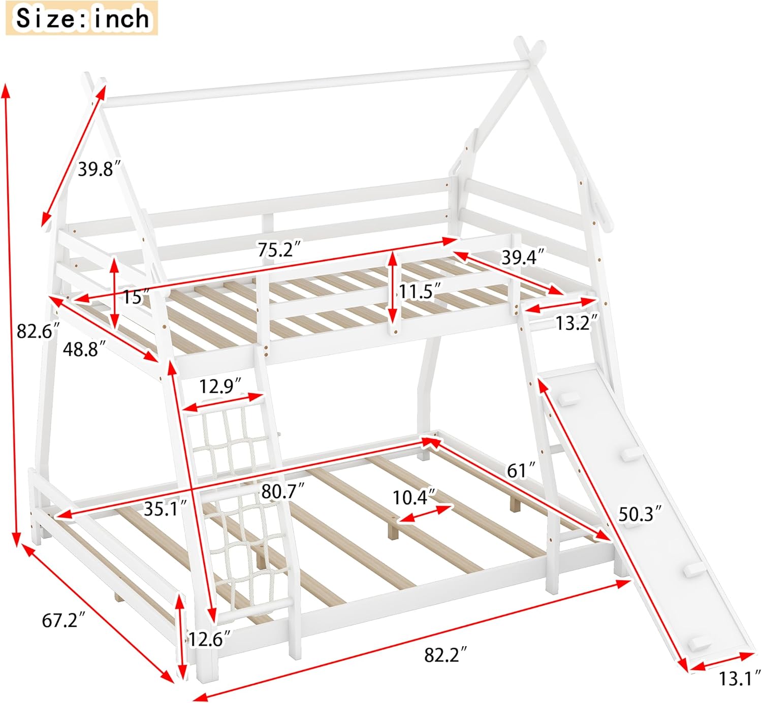 House Bunk Bed with Climbing Nets and Climbing Ramp, Twin Over Queen Bunk Bed with Guardrails and Wood Slats Support, Playful Design Wood House Bed for Kids Teens (White,Twin Over Queen)