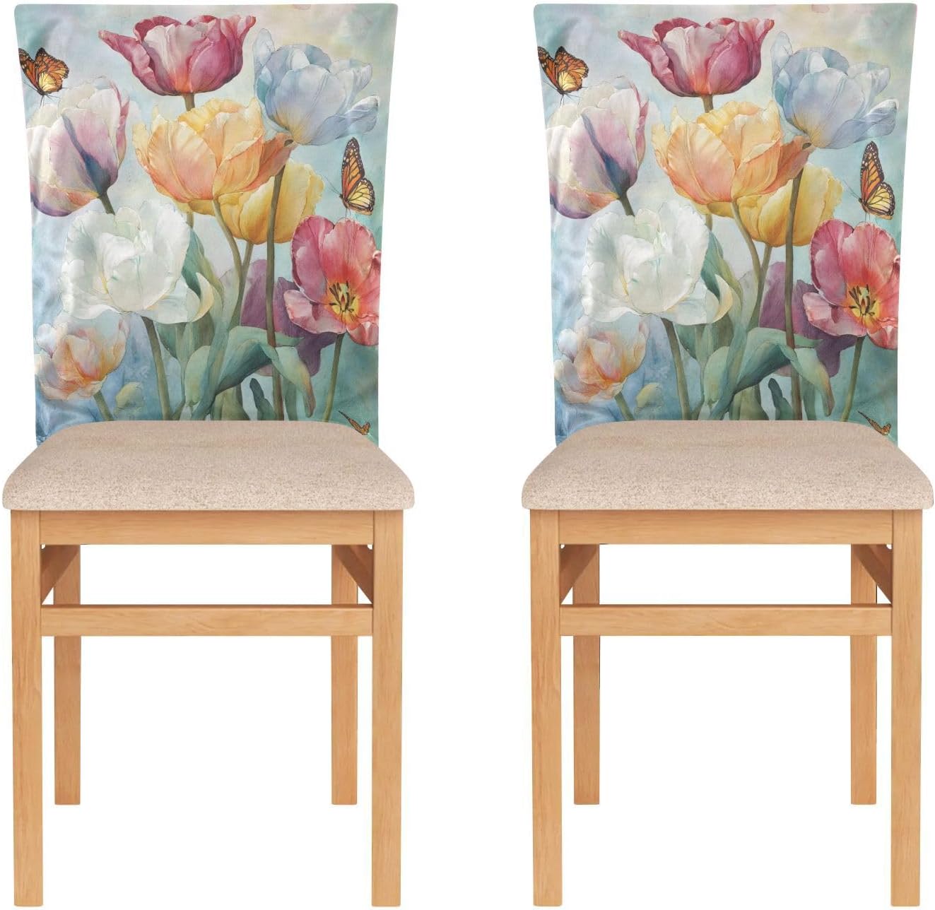 ALAZA Tulips Floral Butterflies Chair Back Cover Set of 6, Washable Reusable Removable Chair Slipcovers Decorative Chair Cover for Home Kitchen Wedding Party
