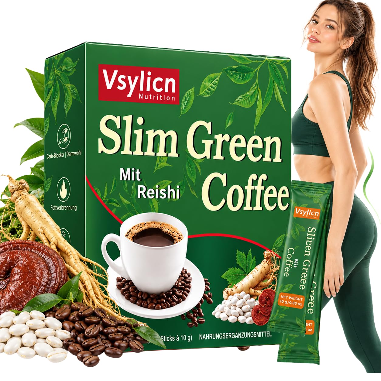 Slim Green Coffee Boost Powder Bean Extract Powder – Slim Coffee Booster mit L-Carnitin, Grüntee & Ganoderma | Stoffwechsel & Energie | Glutenfrei, 18 Sachets