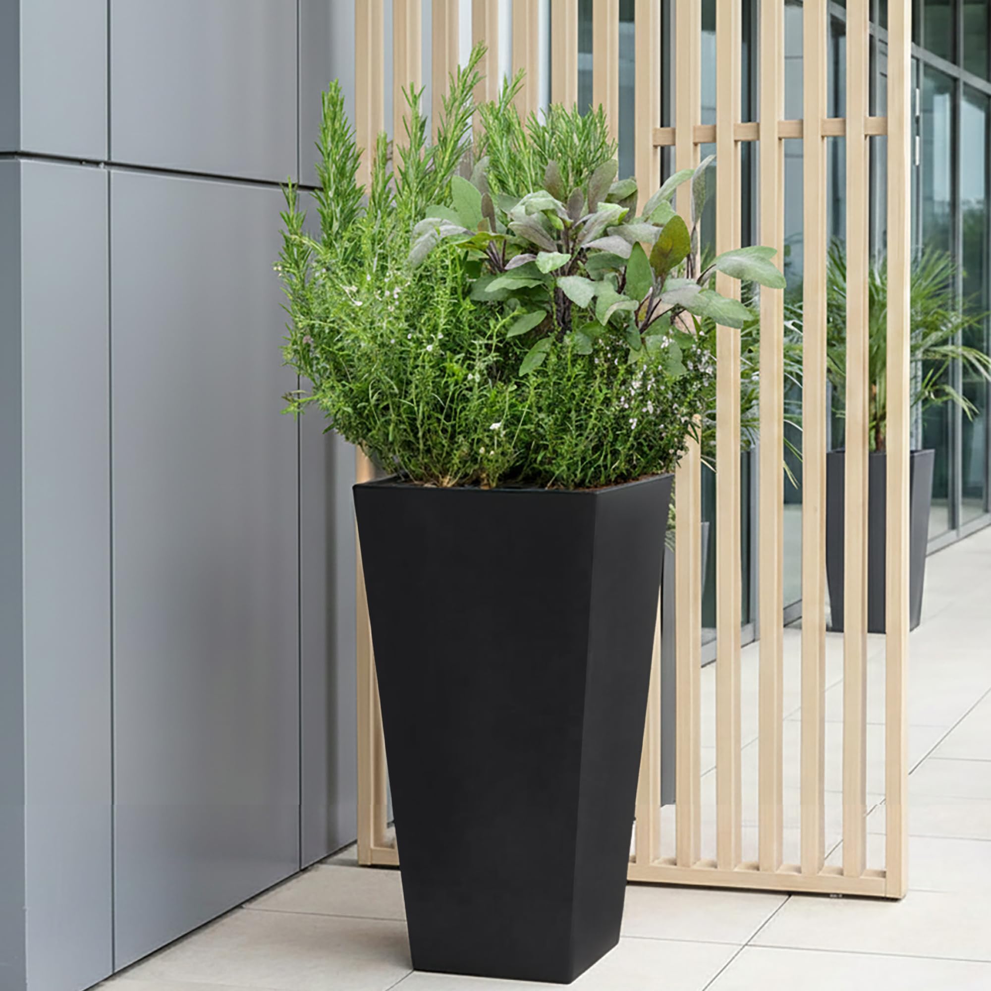 IDEALIST Small 50.5cm Tall Planter for Garden | Black Reinforced Stone Tapered Square Planter | Outdoor Pots with Drainage Holes L24.5 W24.5 H50.5 cm, 18 litres