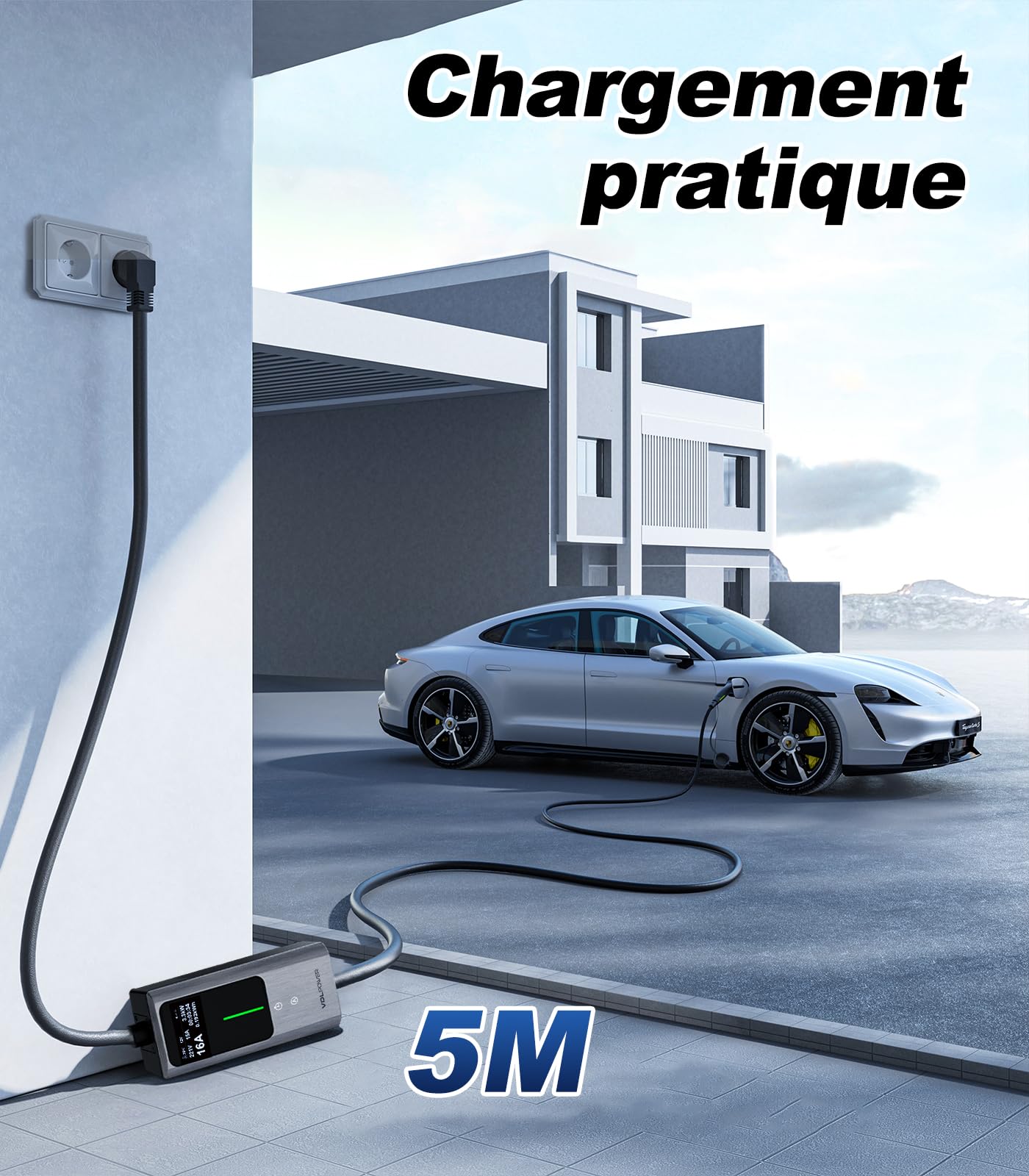 Chargeur Voiture Electrique, 3.6KW EV Chargeur Type 2, Courant réglable 6/8/10/13/16A, 5M Cable Recharge Véhicule Electrique avec EU Schuko, Borne de Recharge Monophasé IP65 (3.68KW-5M)