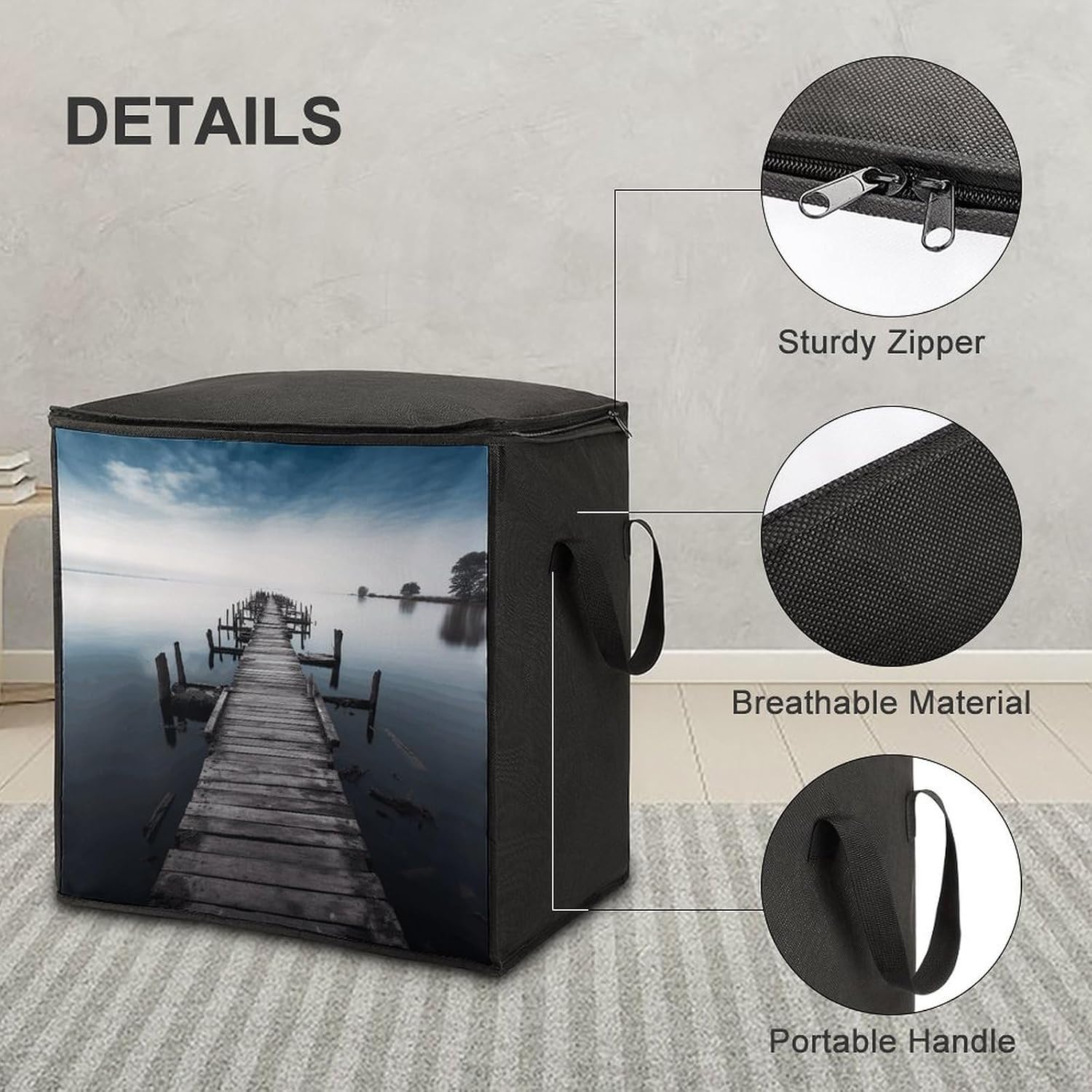 Old Wood Pier Above Calm Water Storage Bags Moving Bags Storage Bins | Comforter Storage Bag Reinforced Handles & Zippers Foldable Closet Organizers and Storage for Blanket Pillow Clothes