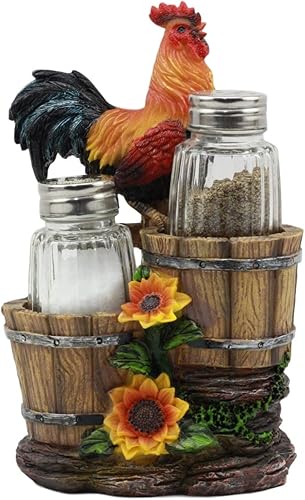 Ebros Girasol Granja Gallo de pie en la valla por cubos de madera antiguos de cristal Salero y Pimentero Figura de soporte 6.5 pulgadas de alto