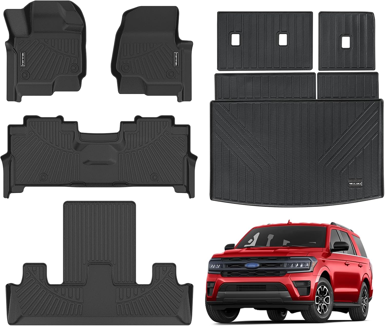 Floor Mats & Cargo Liner with Backrest Mat for 2018-2024 Ford Expedition 7 Seats with 2nd Bucket Seats (Only Fit MAX Or L) All Weather Protection TPE Rubber Floor Liners Accessories, Black