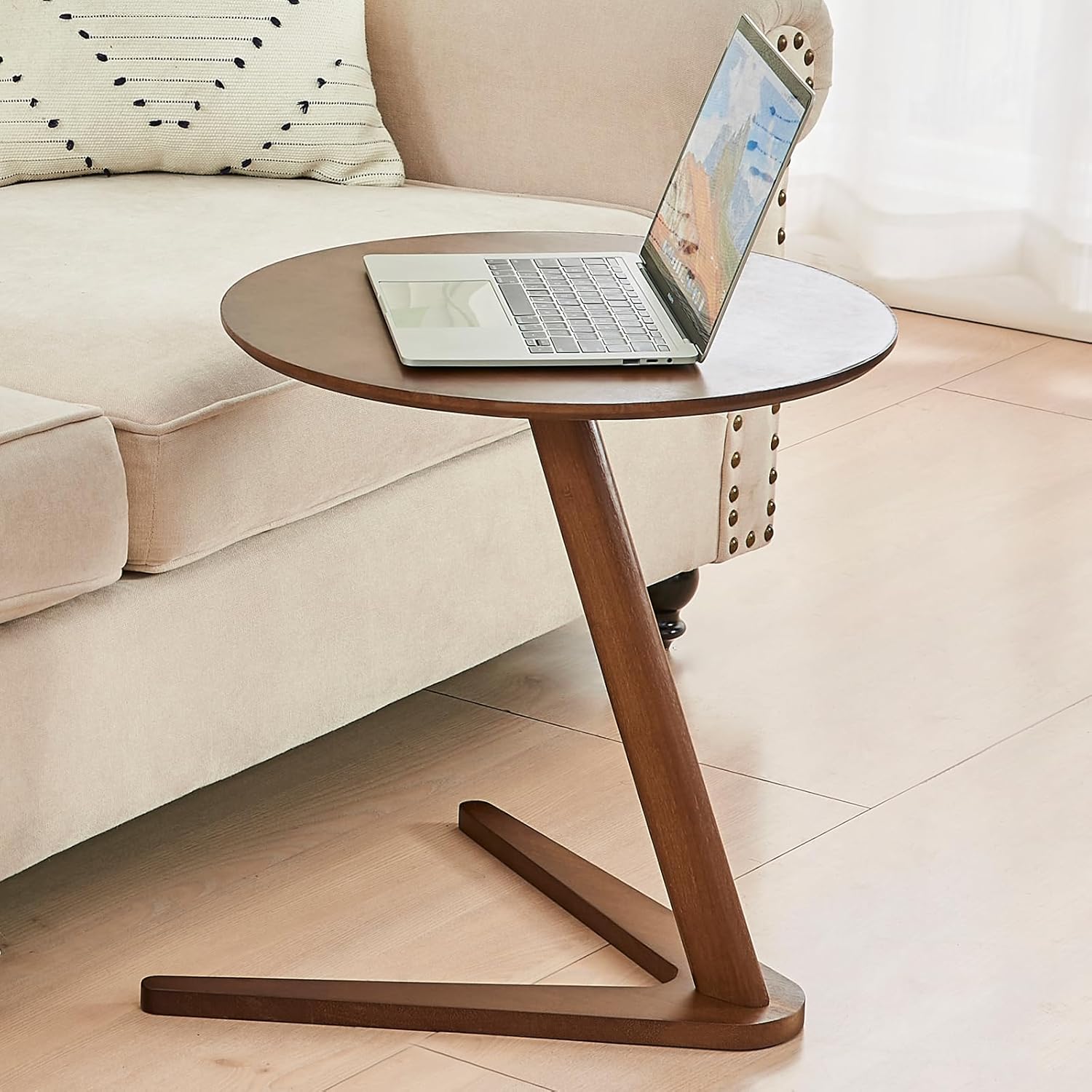 Uniclinens C-Shaped Solid Wood Round End Table, Side Table for Couch, Sofa Tables Slide Under Couch for Living Room, Small Nightstand for Small Space, Walnut