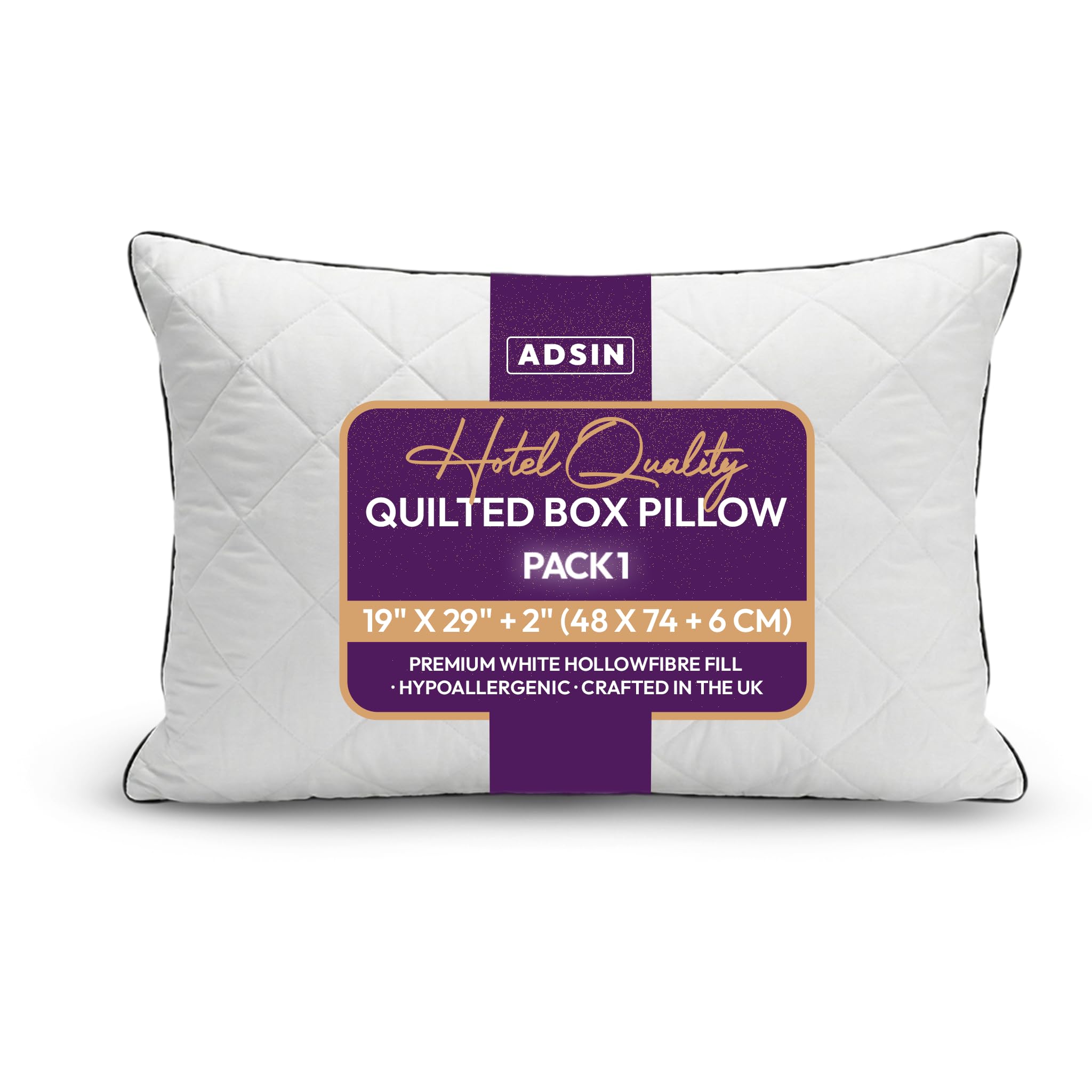 Adsin Small Square Quilted Box Pillow 1 Pack Quilted Box Pillow, Premium Hollowfibre Filled Hotel Quality Pillows, Small Square Quilt Bed Side Sleeper Pillow, Standard Size Firm Comfy & Hypoallergenic, Black Piping