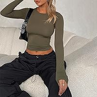 Vista 33 de Blusa corta básica casual para mujer, ajustada, manga larga, cuello redondo, color sólido, para otoño, camiseta ajustada Gris claro