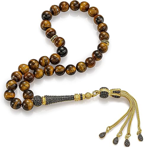 Borla de plata de ley 925 ojo de tigre islámico 33 cuentas de oración Tasbeeh Misbaha