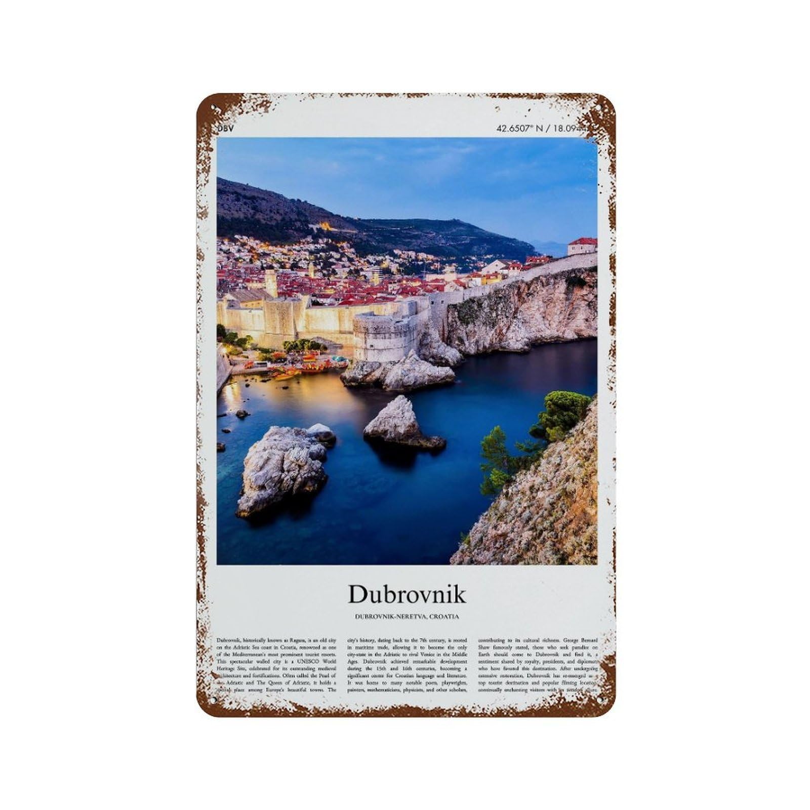 xiaoxiaoshen Dubrovnik Dubrovnik-neretva, Croatia City Scenery Wall Decor Art Metal Tin Poster Modern Home Decor Art Home Bar Shop Decorations Vintage Sign 30x20cm