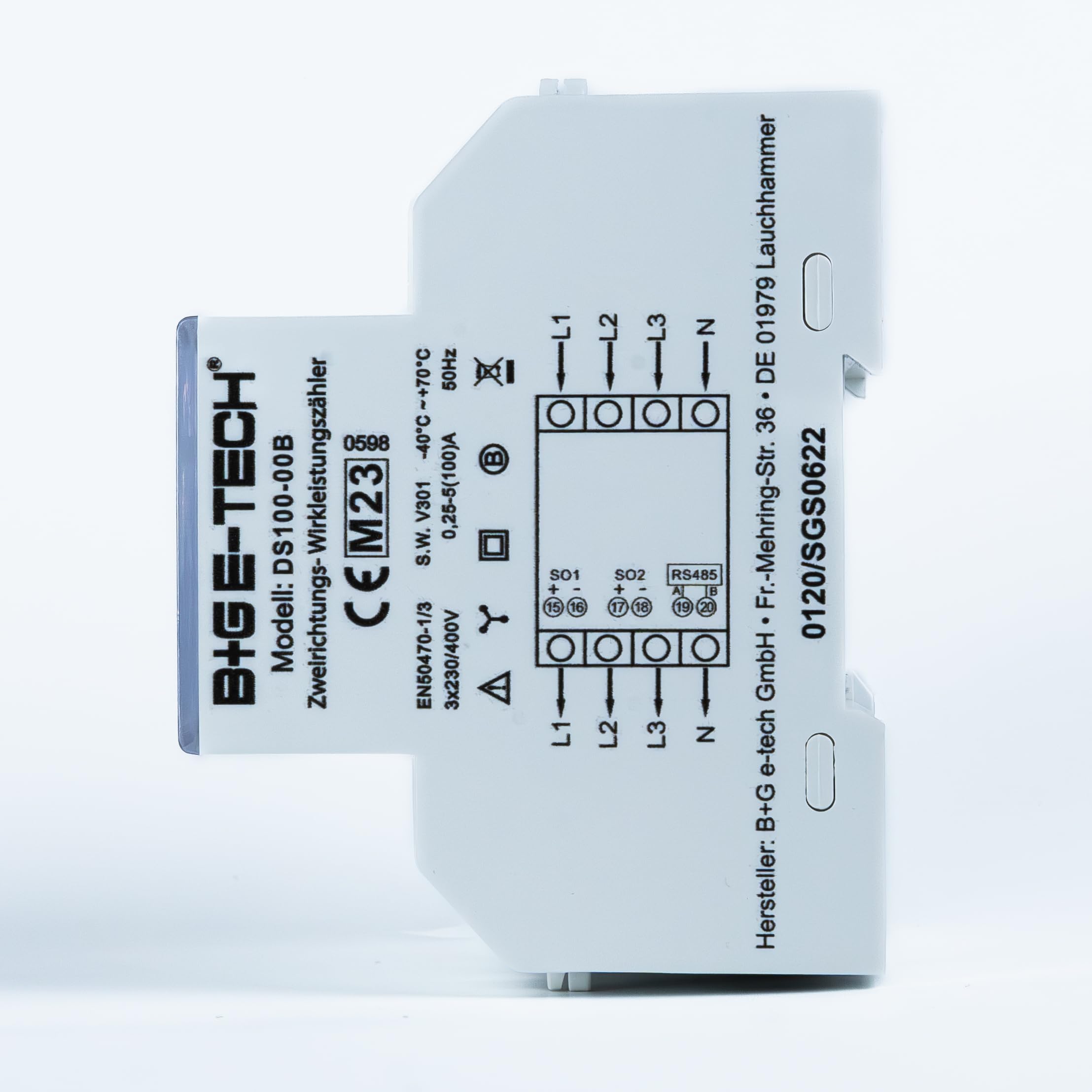 Drehstromzähler DS100-00B MID 25 digitaler 3 Phasen Zweirichtungs Stromzähler Hutschiene 4TE LCD RS485 Modbus RTU S0 Impuls MID geeicht 100A direkt
