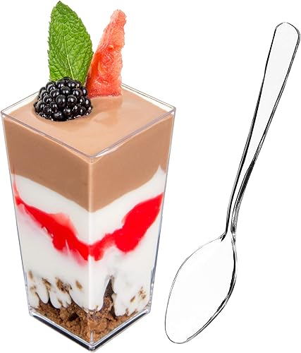 DLux Mini tazas de postre de 50 x 3 onzas con cucharas cuadrado alto taza de aperitivo de parfait de plástico transparente pequeño cuenco