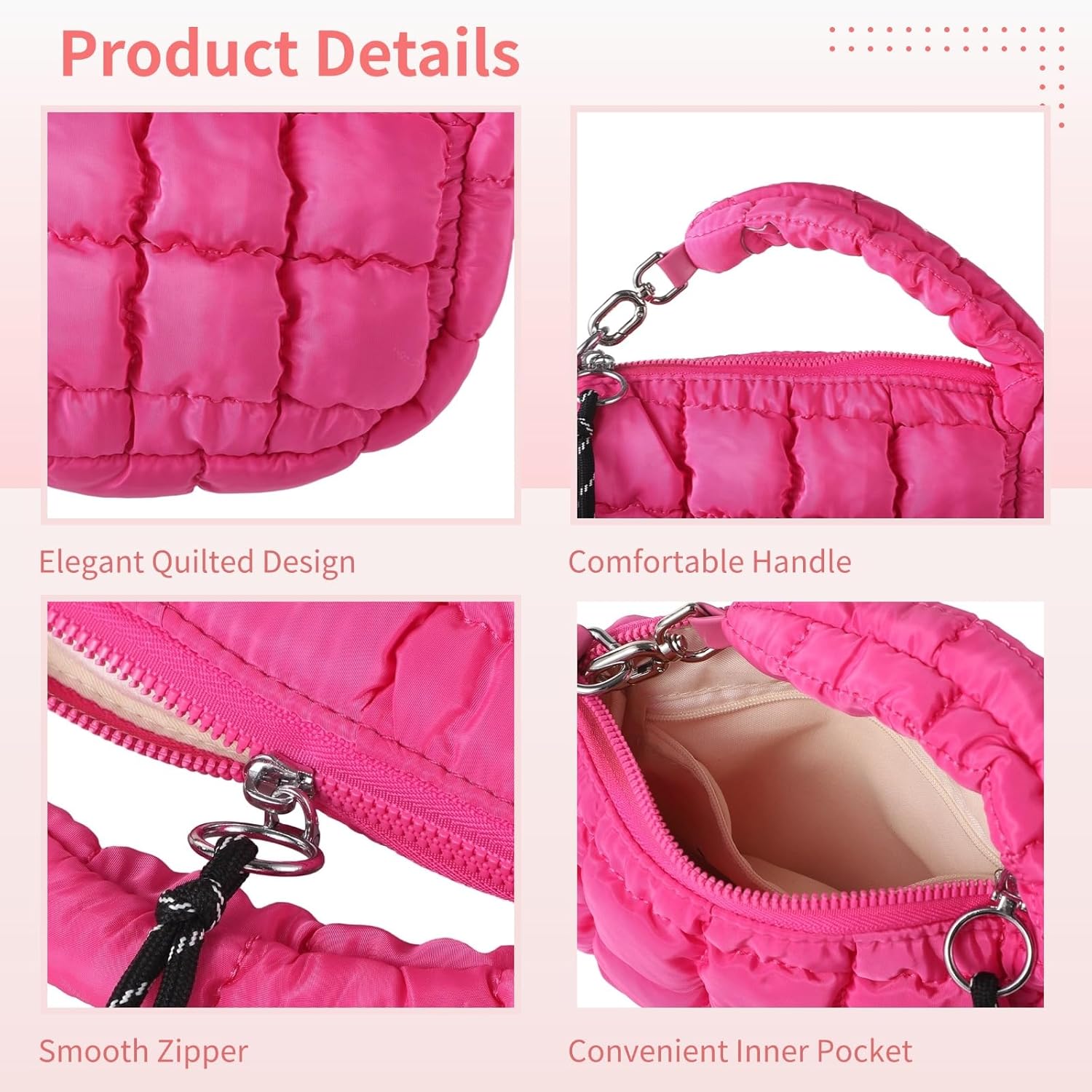 Mini Quilted Wristlet Purse for Women, Mini Puffer Bag, Chic Nylon Cloud Tote with Quilted Design, Small Stylish Handbag in Magenta - Image 3