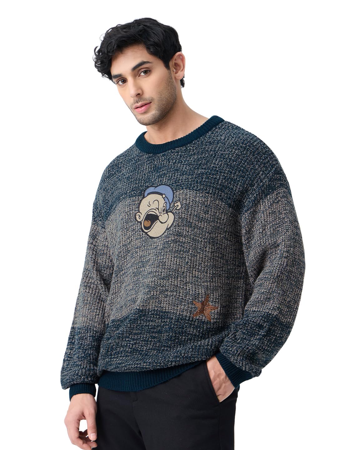 Popeye: Iron Power Men and Boys Full Sleeves Round Neck Navy Blue Textured Acrylic Lightweight Casual Oversized Fit Pullover Sweaters-image-34