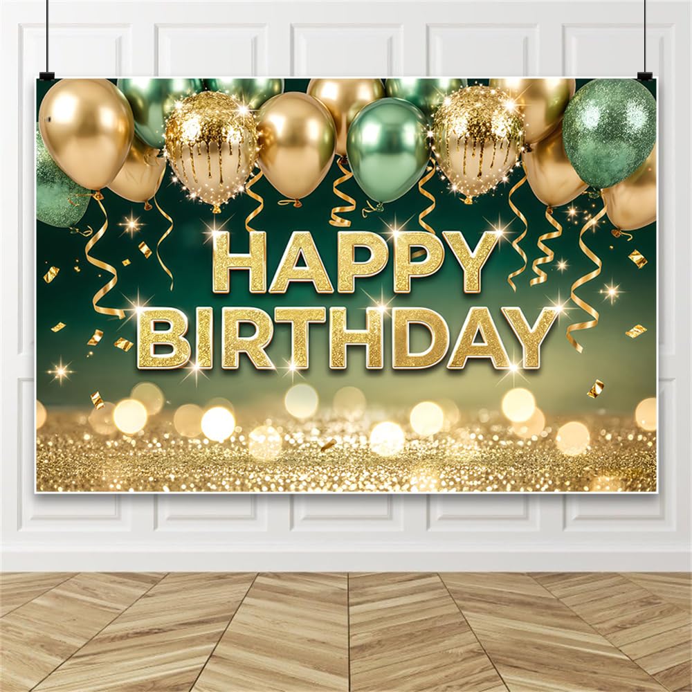 3,6x1,8 m Zielony i złoty baner w tle z okazji urodzin zielony błyszczący balon akcesoria do tła fotograficznego dla kobiet mężczyzn dzieci dekoracje na przyjęcie urodzinowe