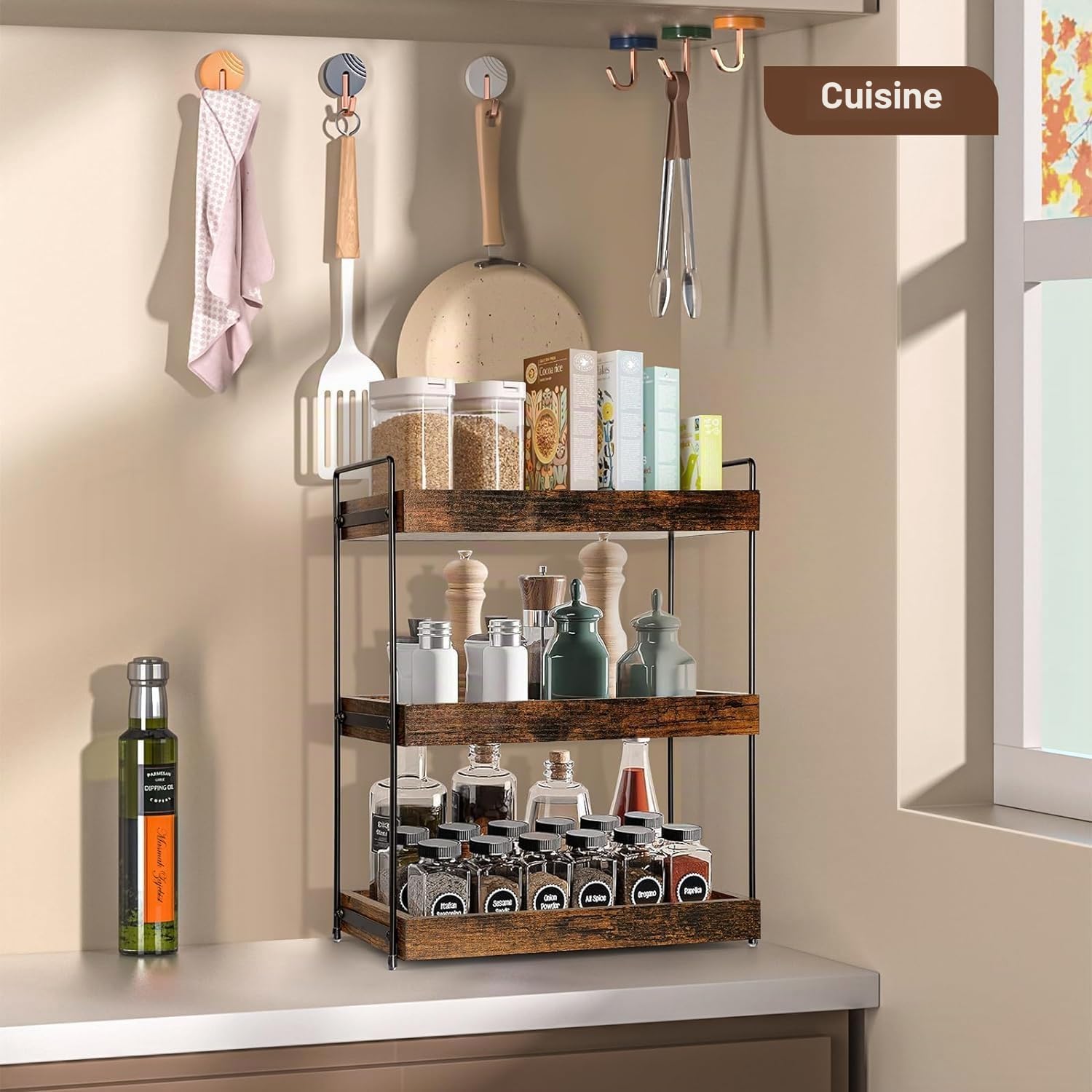 Étagère à épices amovible à 3 étages - Étagère de douche moderne - Plan de travail pratique en bois pour salle de bain - Organiseur de rangement multifonction - Étagère sous meuble - Étagère d'évier