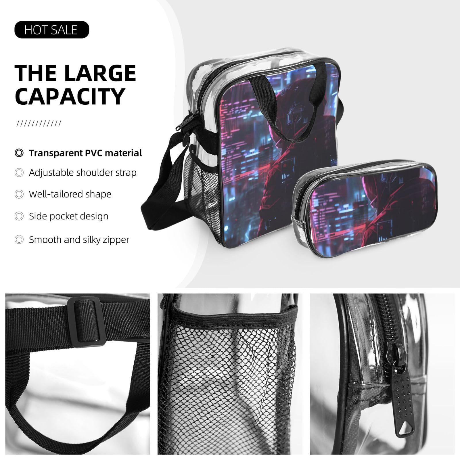 Hacker Era Print 3-teiliges transparentes Rucksack-Set für Reisen, Outdoor-Abenteuer, Urlaub, transparente Tasche