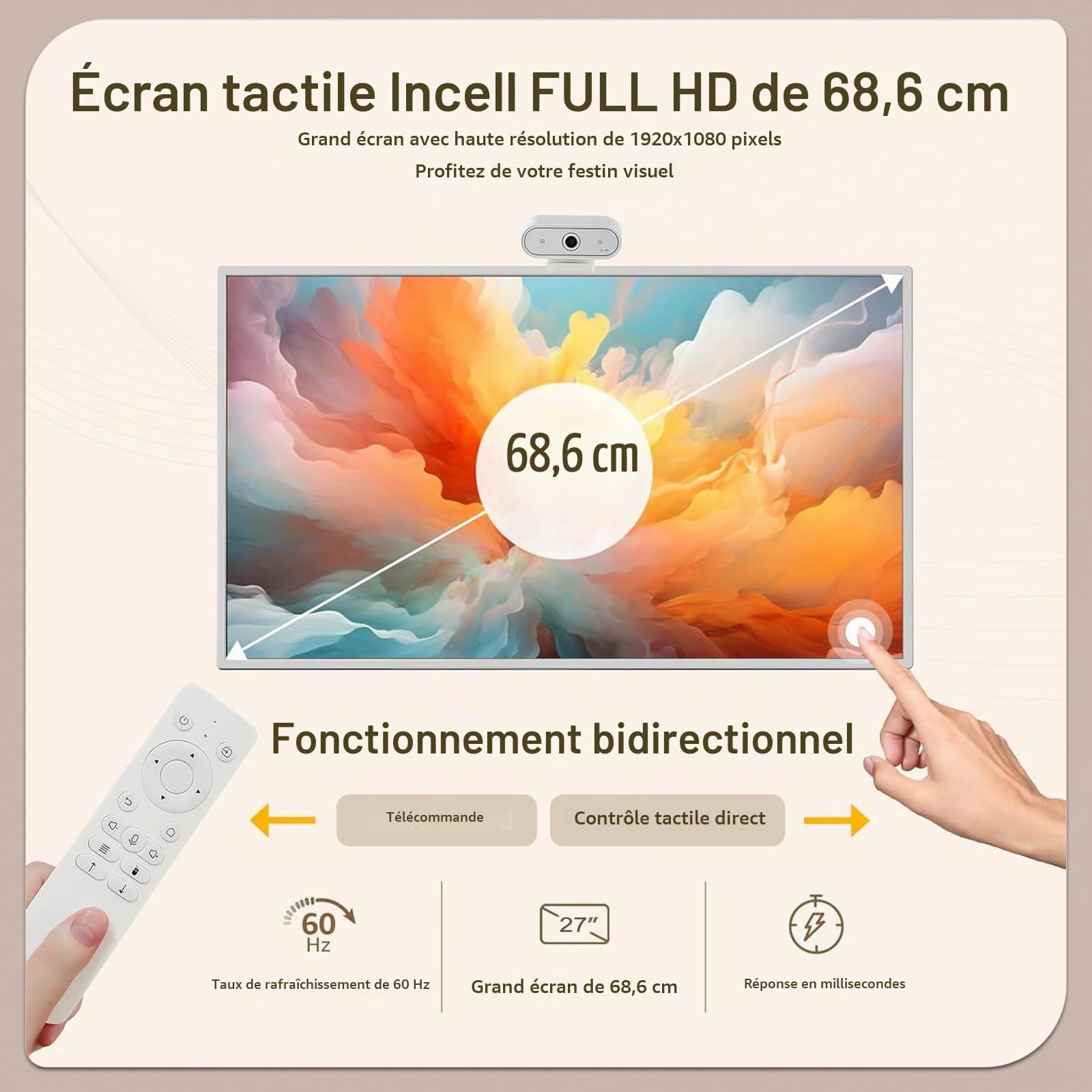 Téléviseur Portable 27 Pouces, Appareil Photo 12 MP, Moniteur Tactile Portable, Tablette TV Enroulable sur roulettes, Écran Tactile, 8 Go de Ram + 128 Go de Stockage, Batterie (6-8 H) 27"