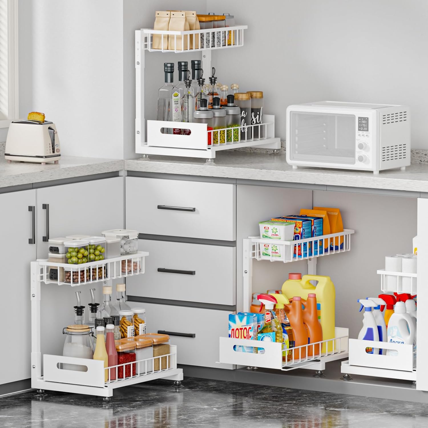 L-Shaped Under Sink Organizer, 2 Pack 2-Tier Pull Out Metal Kitchen Cabinet Organizer with Sliding Storage Drawer, Height Adjustable Heavy Duty Under Bathroom Sink Storage for Cleaning Supplies