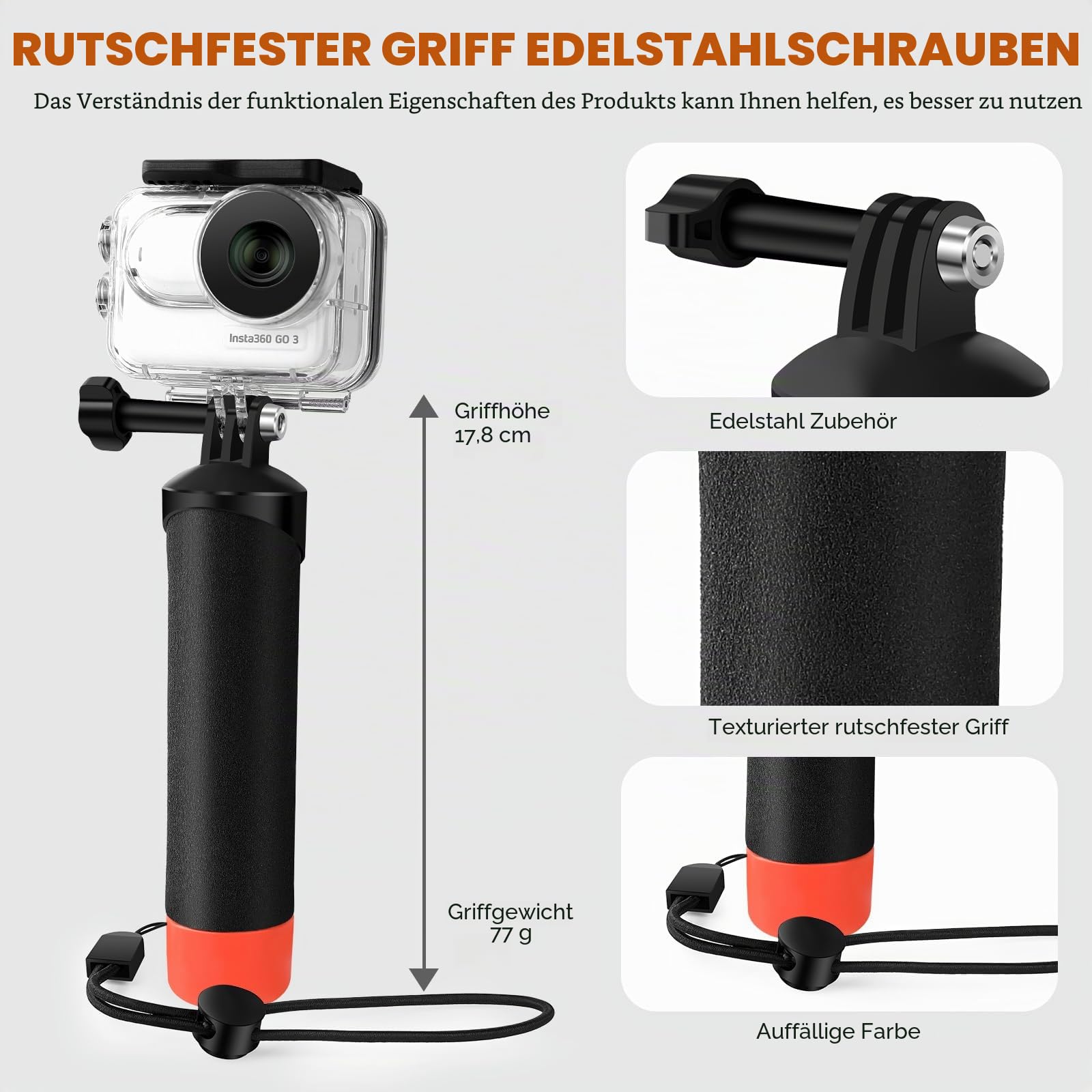 Wasserdichtes Gehäuse und schwimmender Handgriff, kompatibel mit Insta360 GO 3S, schützendes Unterwasser-Tauchgehäuse mit Halterungszubehör