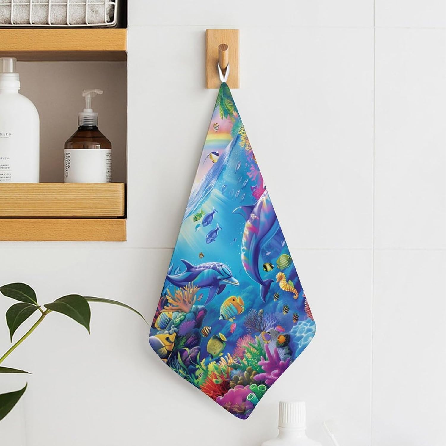 Dolphin Hand Towels for Bathroom Kitchen Towels Small Towel Handkerchiefs with Hanging Loop 4PCS
