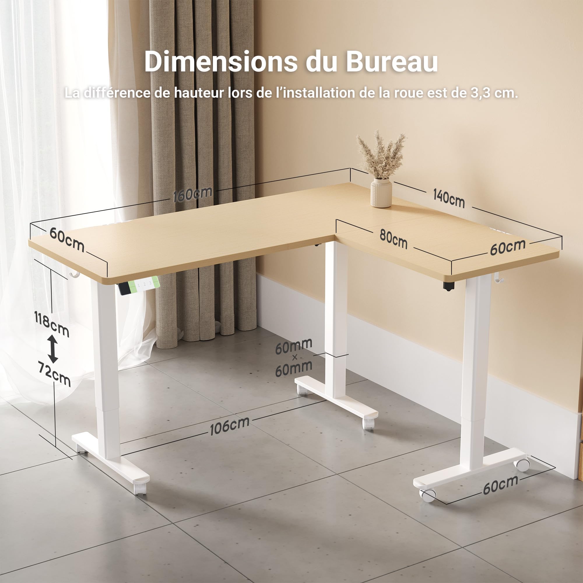 Claiks Bureau d'angle, réglable en Hauteur, 160 x 140 cm, avec Double Moteur, en Forme de L, Bureau réglable en Hauteur sur roulettes, Bureau en Forme de L, Beige